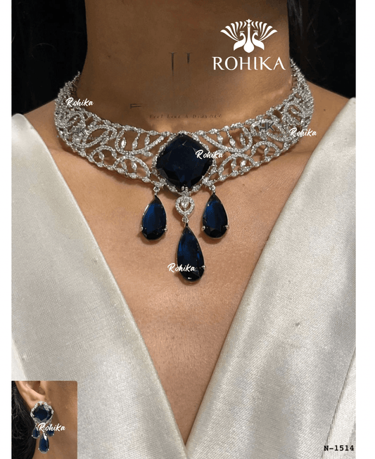 American diamond necklace set (ADN -001) - Dark blue - Rohika Store