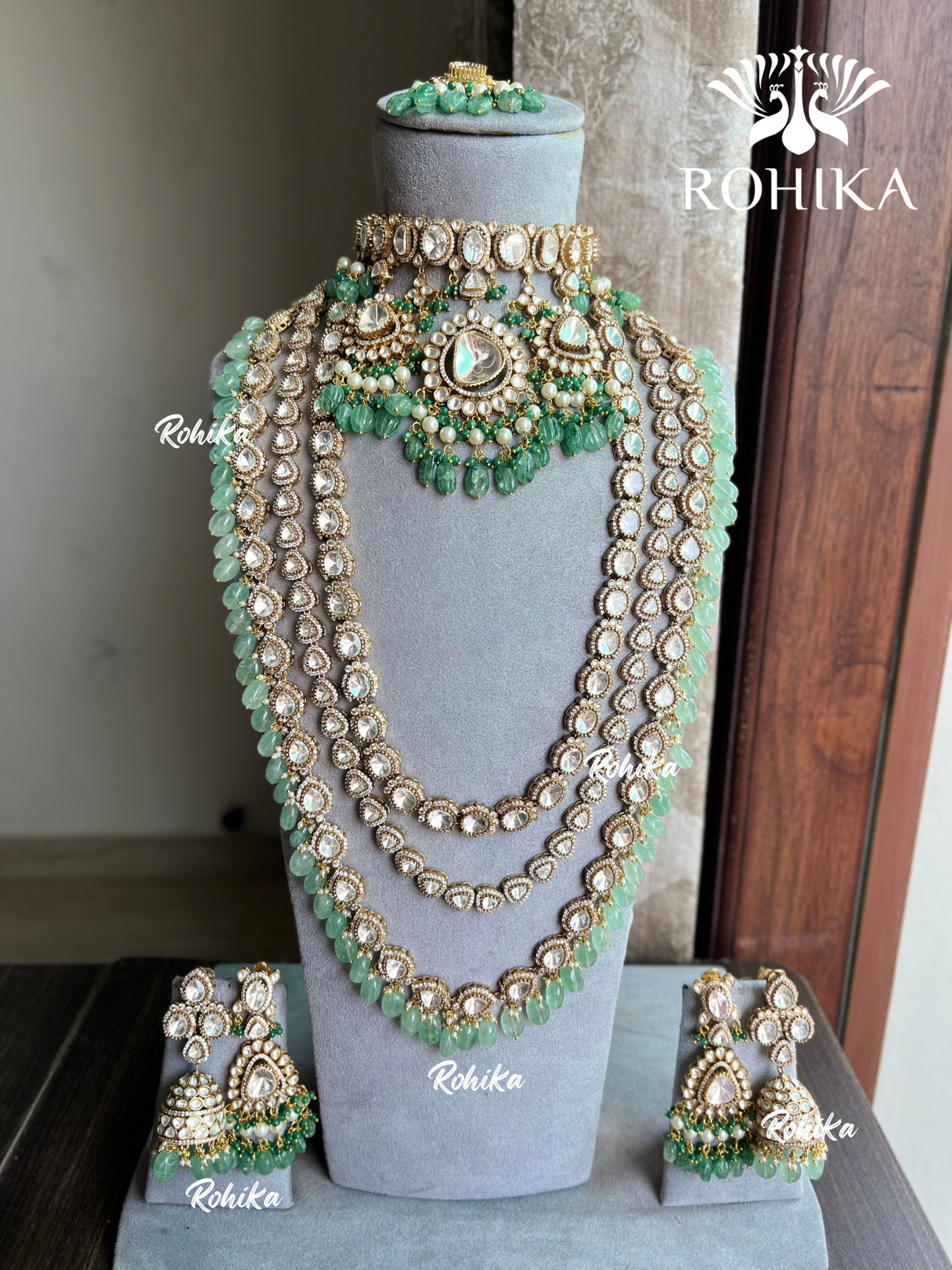 Anjani moisanite polki kundan bridal combo set - Mint green
