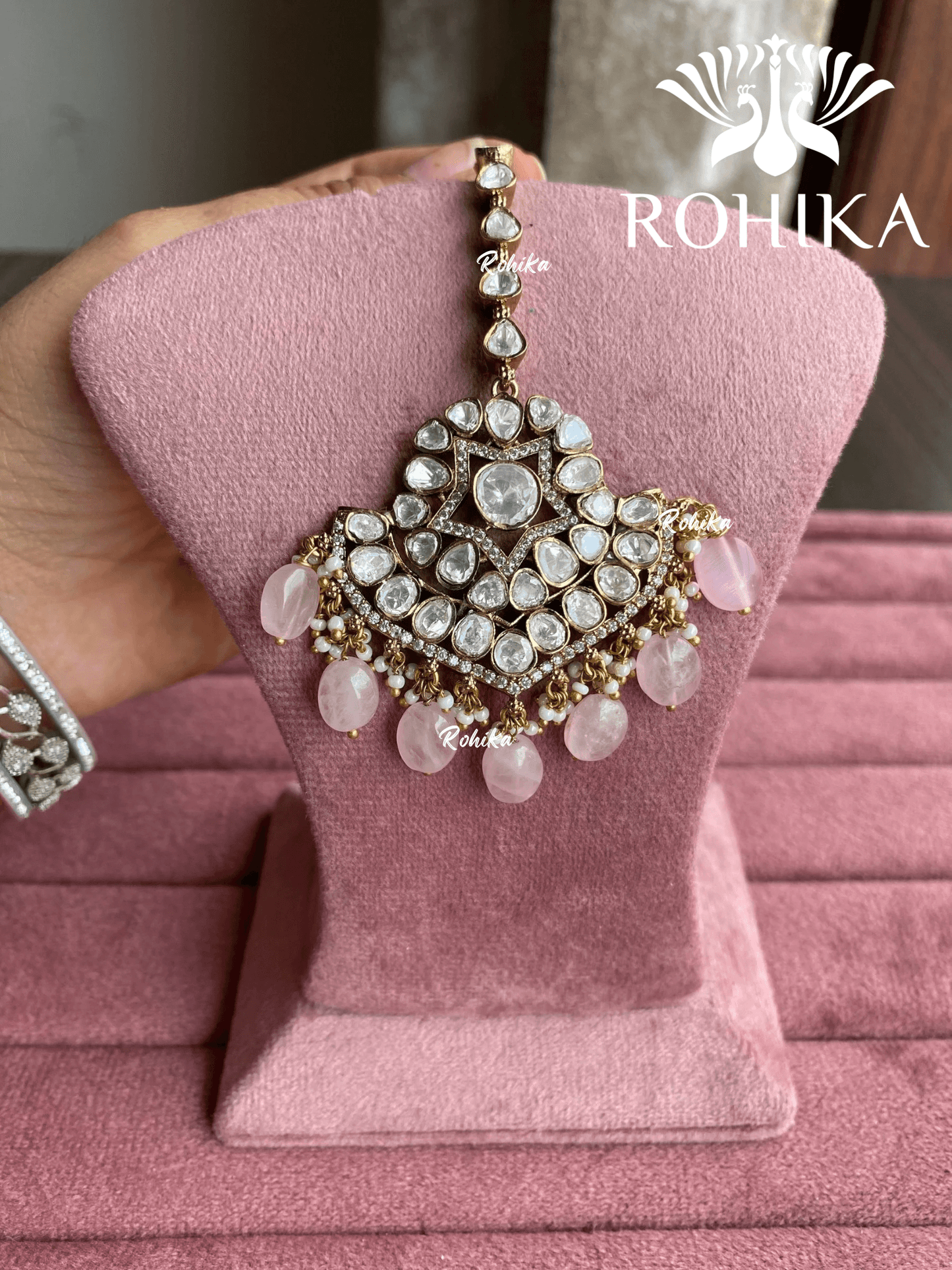 Moisanite maangtikka (001) - Baby pink - Rohika Store