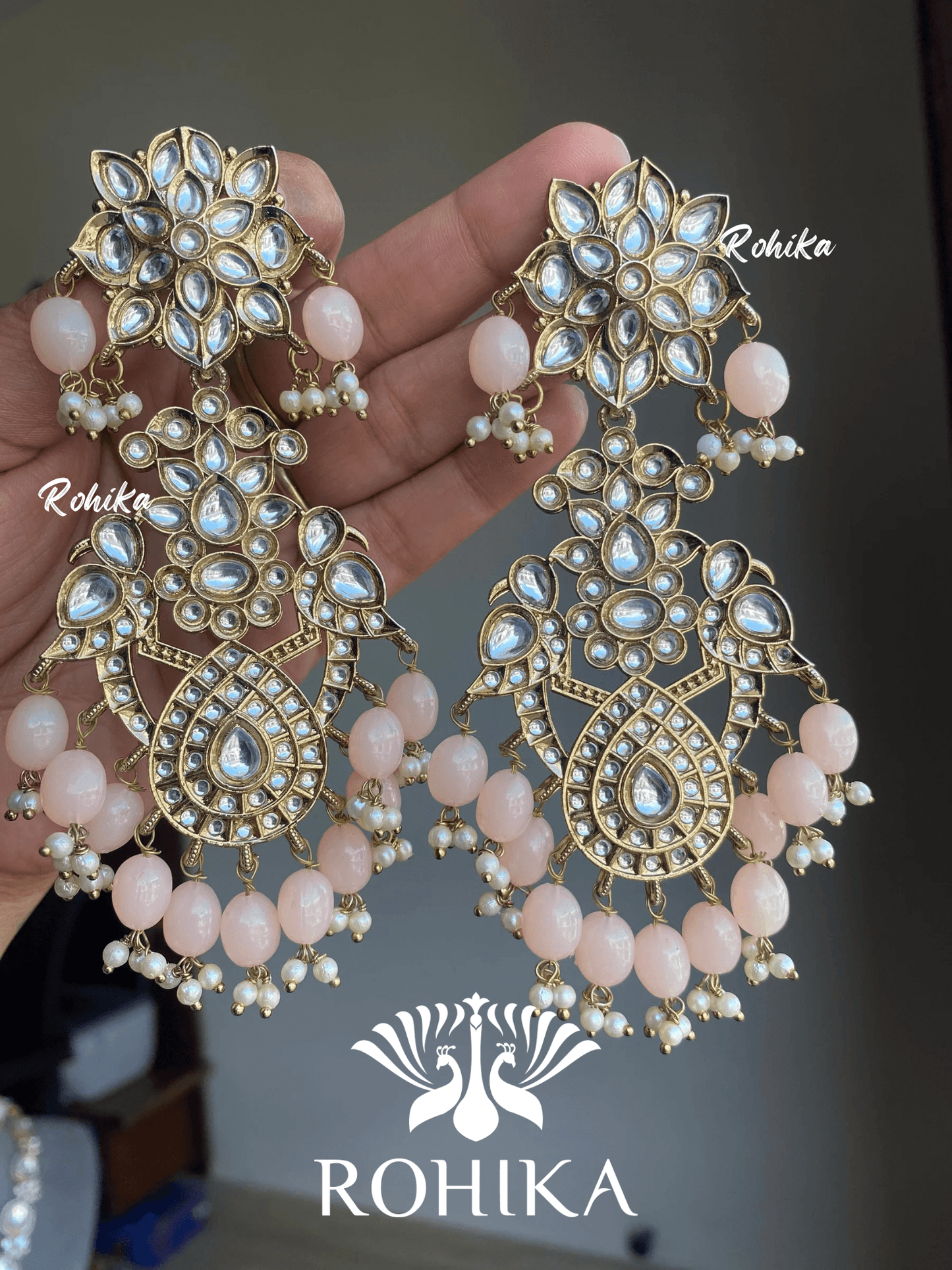 Anupama kundan earrings -Light Peach - Rohika Store