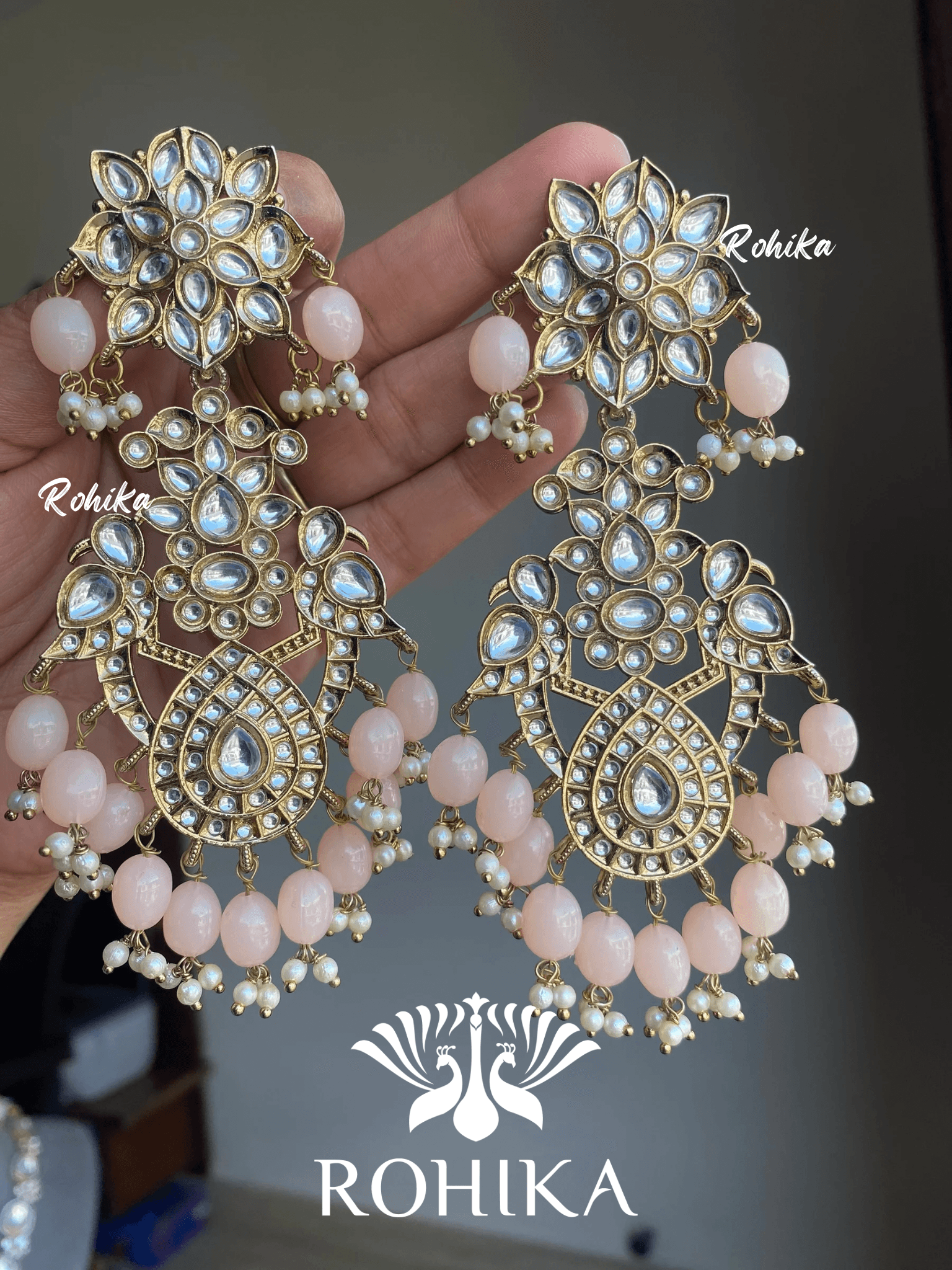 Anupama kundan earrings -Light Peach - Rohika Store