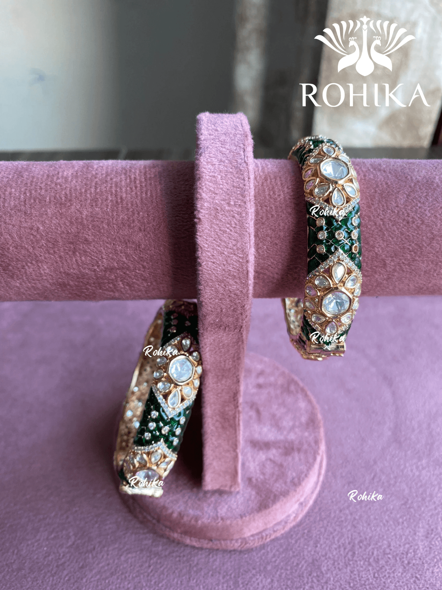 Raasa moisanite polki meenakari kada/bangles - Green - Rohika Store