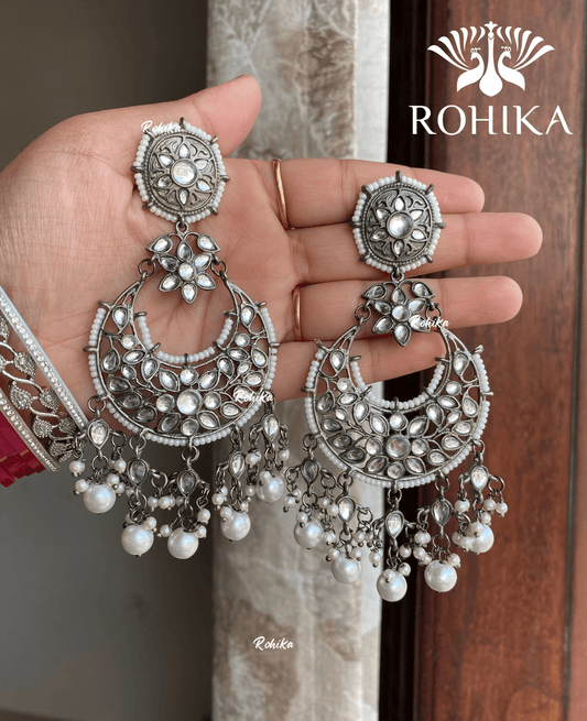 Shyamli oxidized jhumka earrings (015) - White - Rohika Store