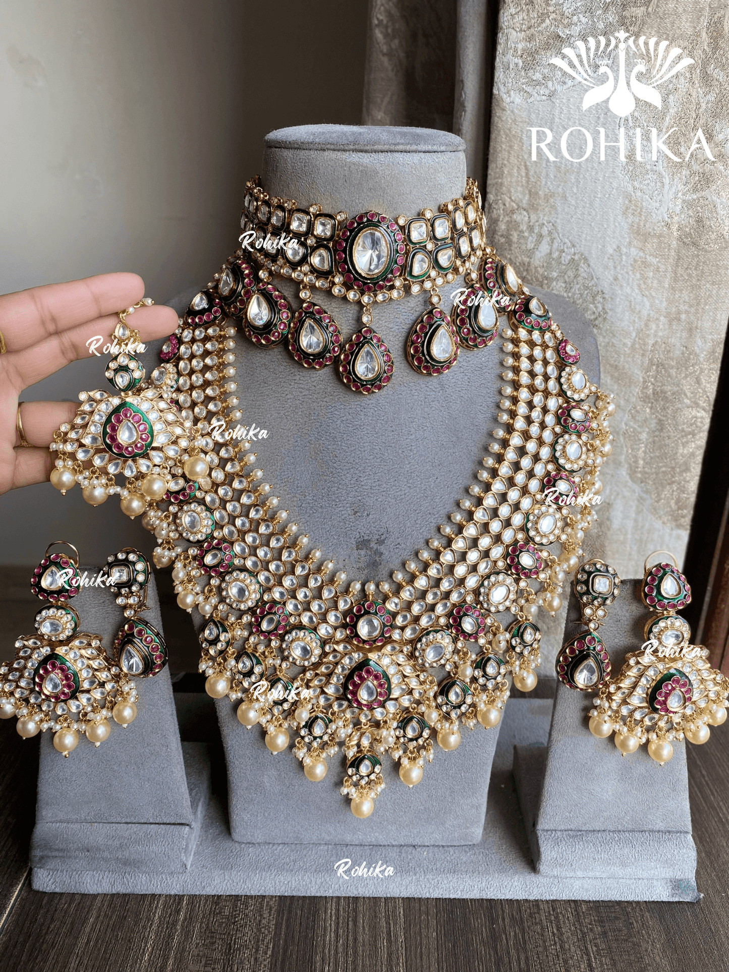 Vayu bikaneri polki kundan bridal combo set - Dark Green and Ruby red - Rohika Store