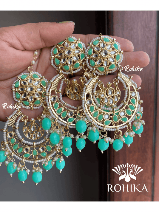 Karina earrings and maangtikka combo - Mint Green - Rohika Store