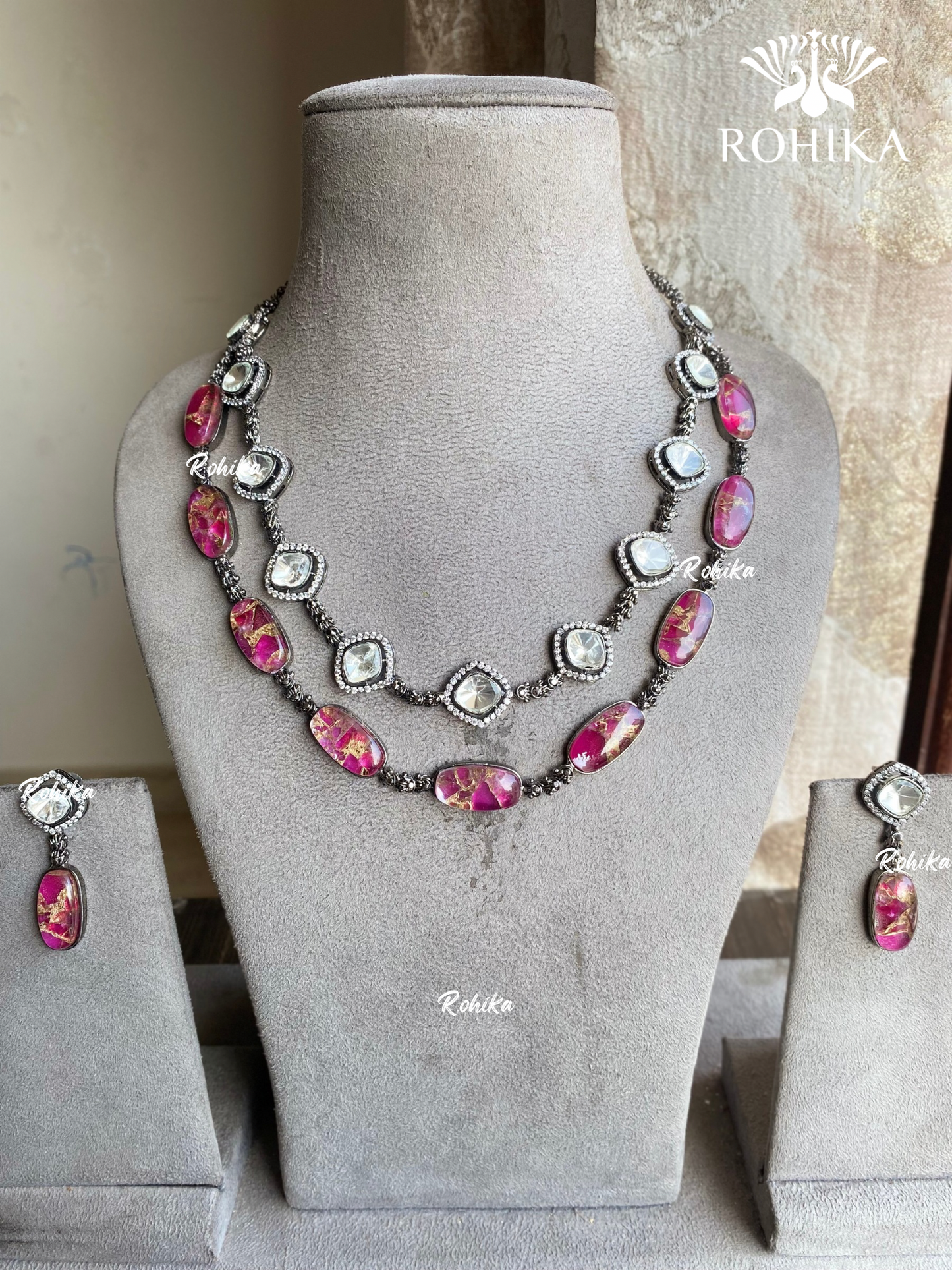Prayag Moisanite Necklace set - Pink - Rohika Store