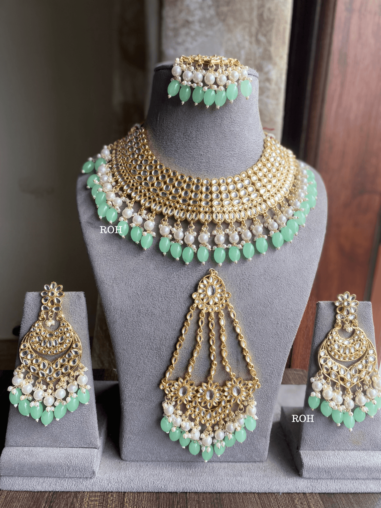 Kali dabi Kundan semi-bridal necklace set - Mint Green - Rohika Store