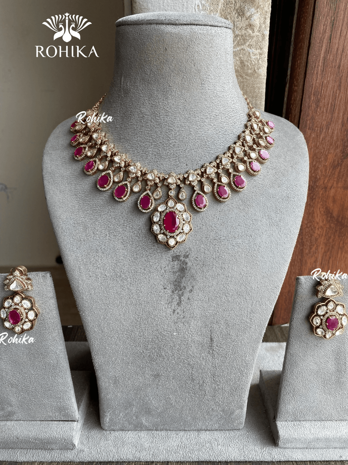 Mallika polki kundan necklace set - Pink - Rohika Store