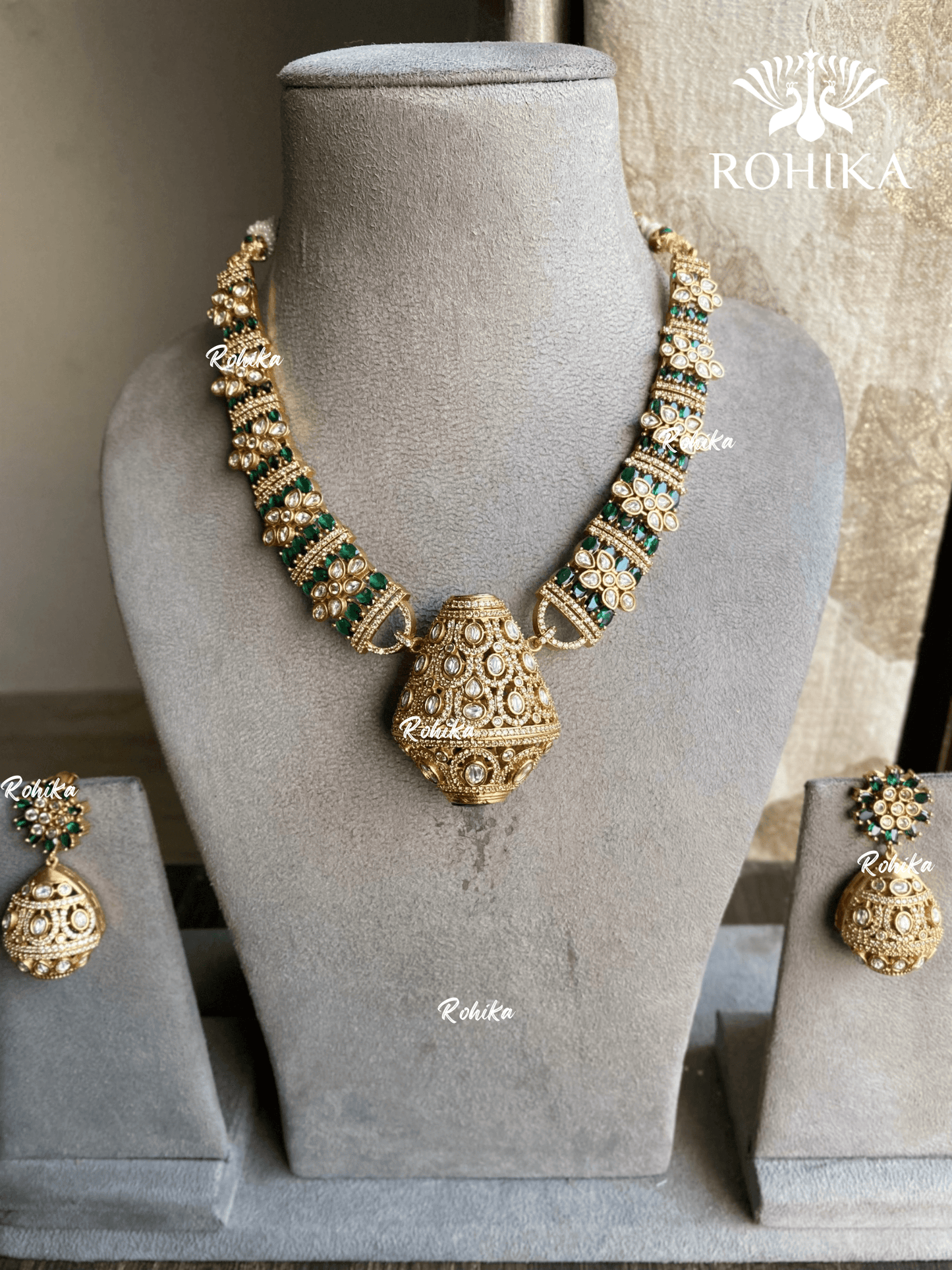 Arya polki kundan necklace set - Dark Green - Rohika Store
