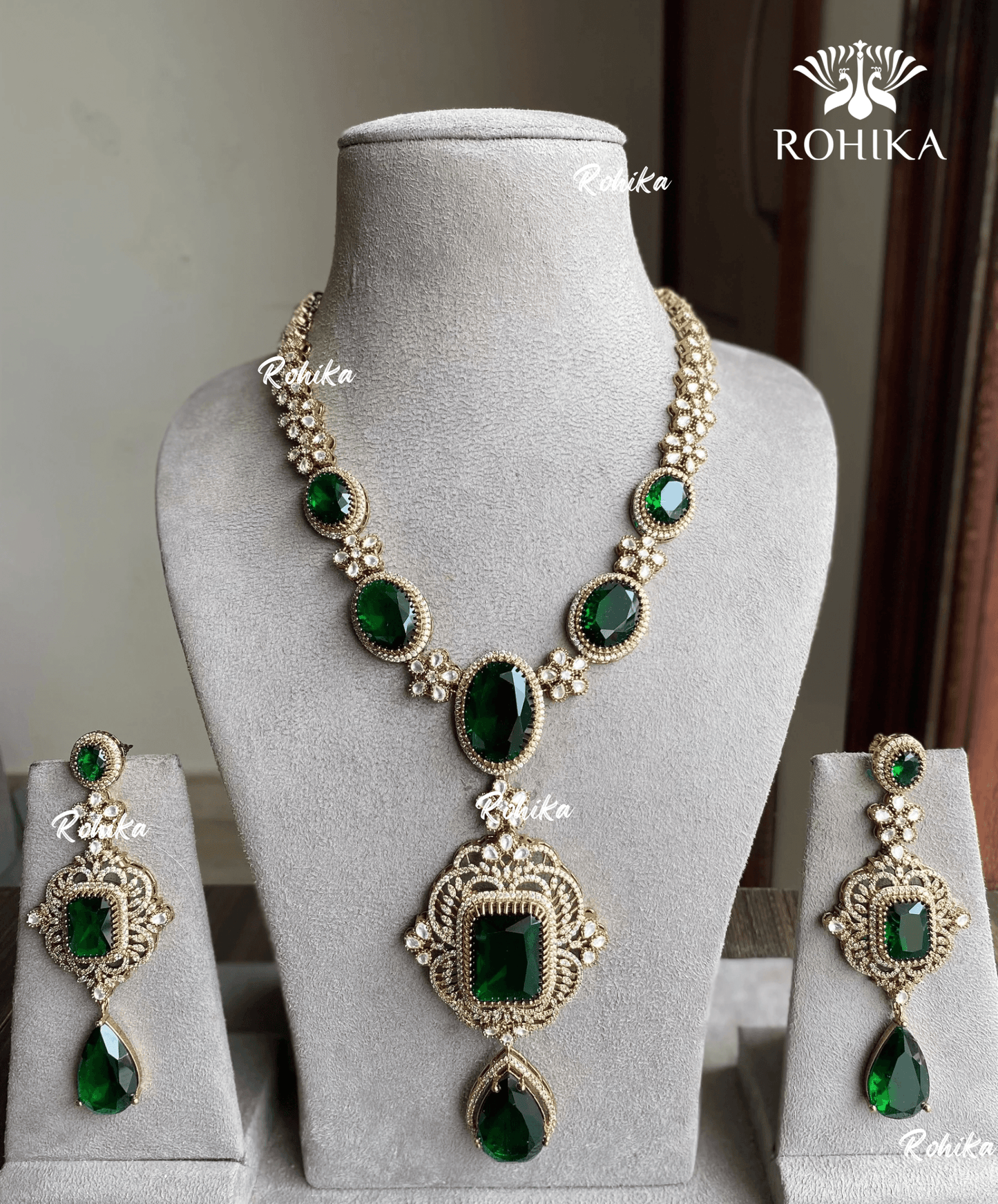 Gulaal polki kundan necklace set - Dark Green - Rohika Store
