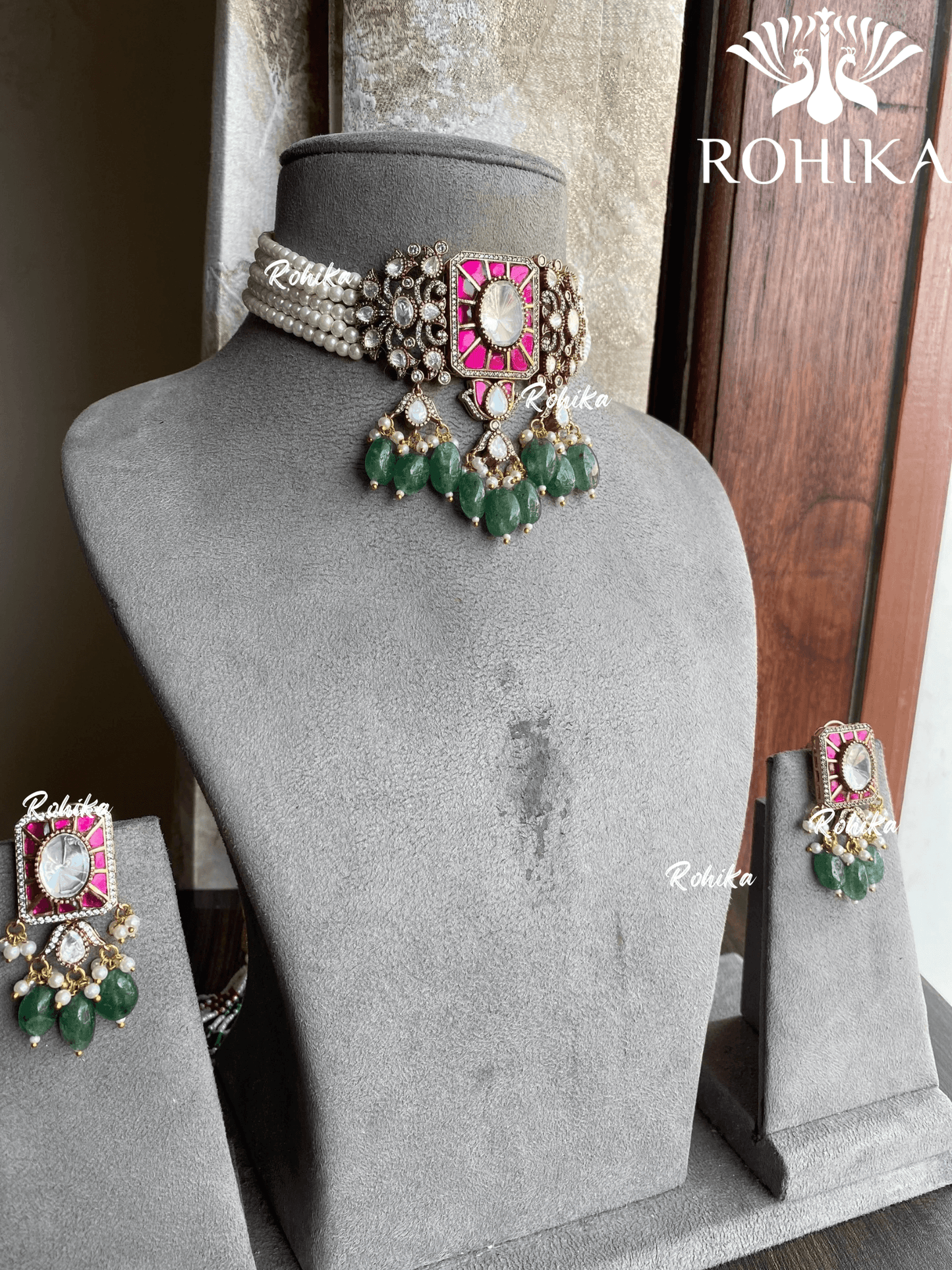 Akira moisanite choker set - Green & pink - Rohika Store