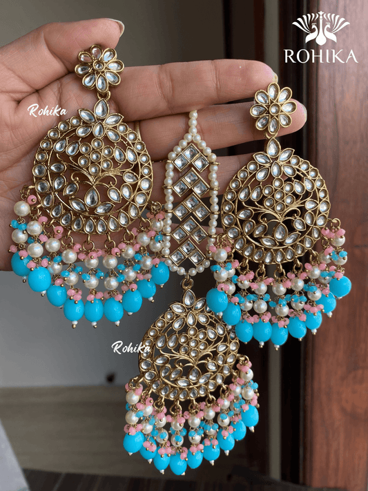Sapna earrings and maangtikka combo - Sky blue - Rohika Store