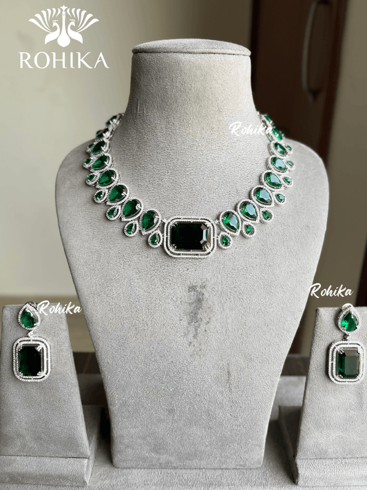Hoor American diamond necklace set - Dark green - Rohika Store