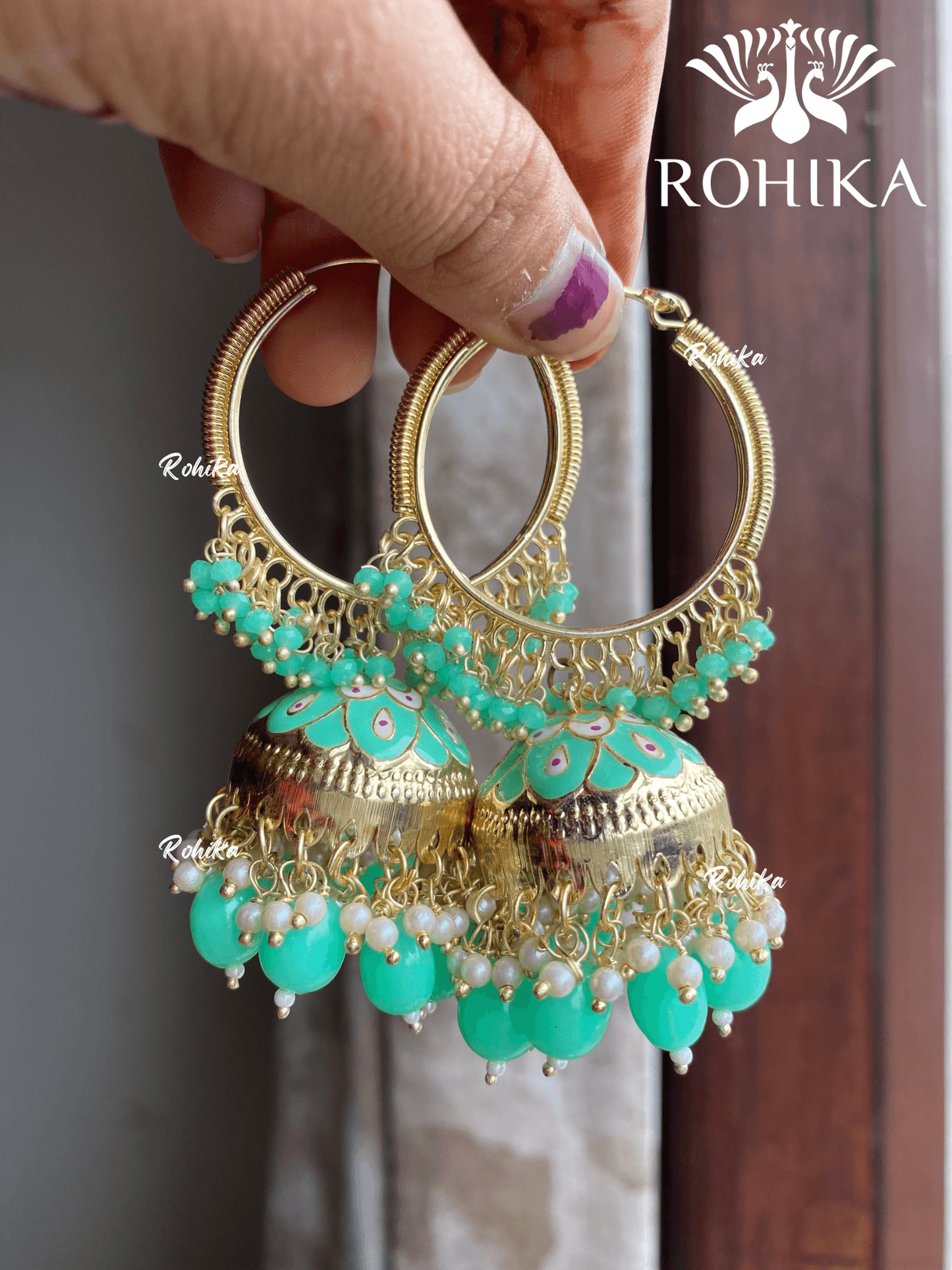 Neera jhumka bali earrings - Mint green - Rohika Store