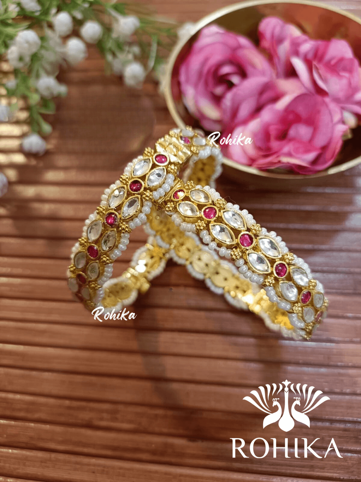 Pachhi kundan bangles - Red and white (Pkb003-R) - Rohika Store