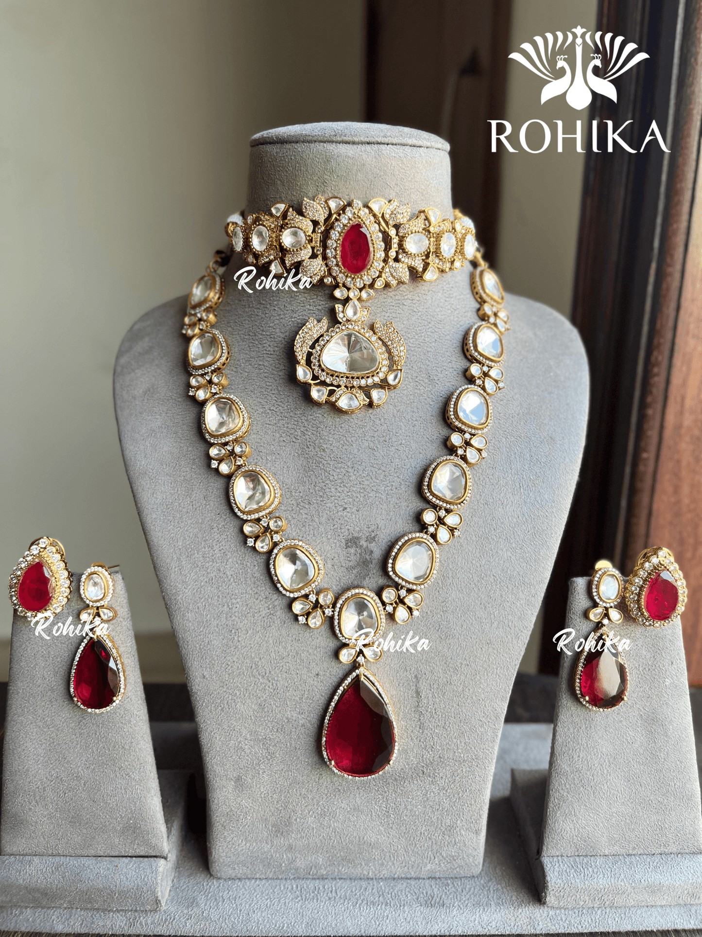 Laksha polki kundan combo set - Red - Rohika Store