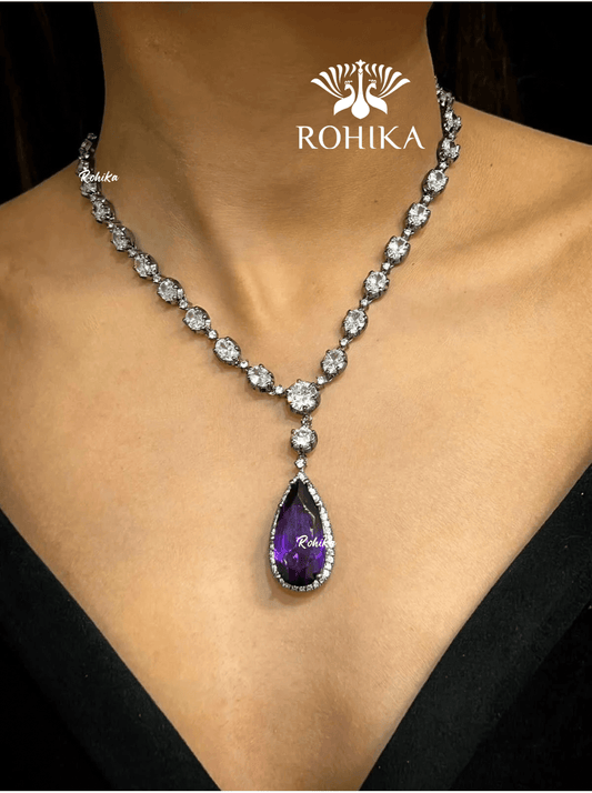Emily american diamond necklace set - Dark puplpe - Rohika Store