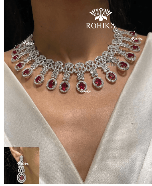 American diamond necklace set (ADN -007) - Red - Rohika Store