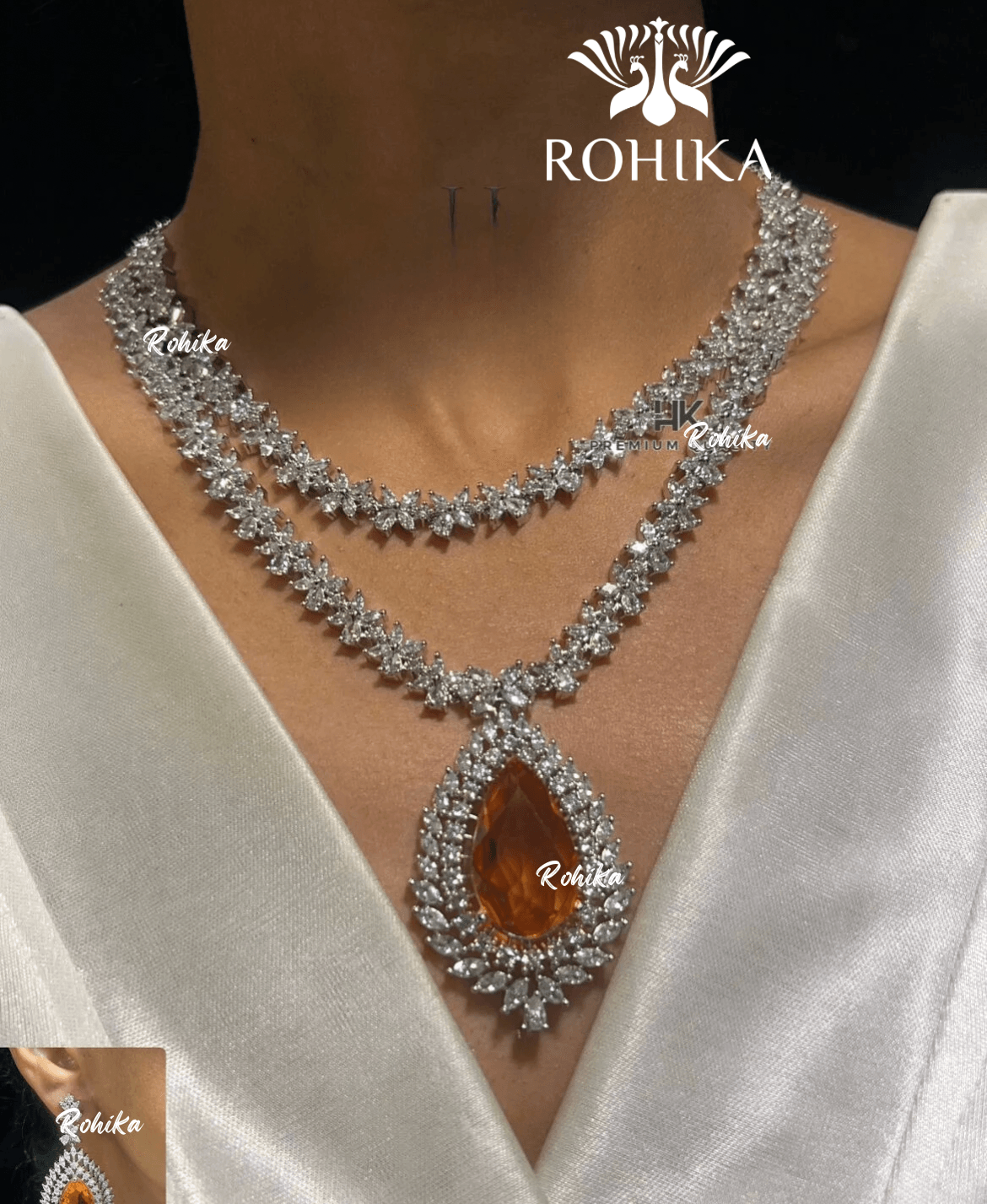 Leona american diamond necklace set - Orange - Rohika Store