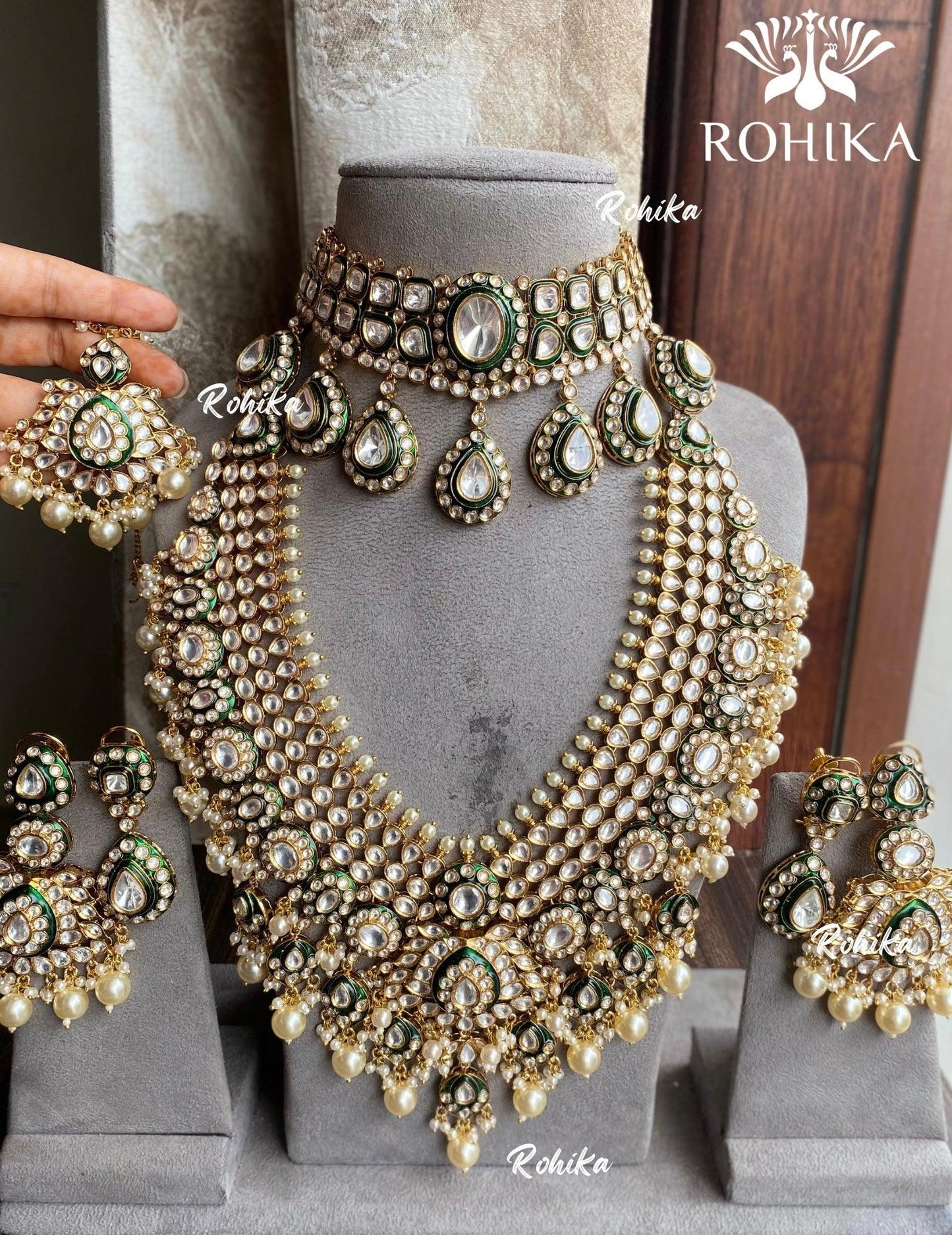 Vayu bikaneri polki kundan bridal combo set - Dark Green - Rohika Store