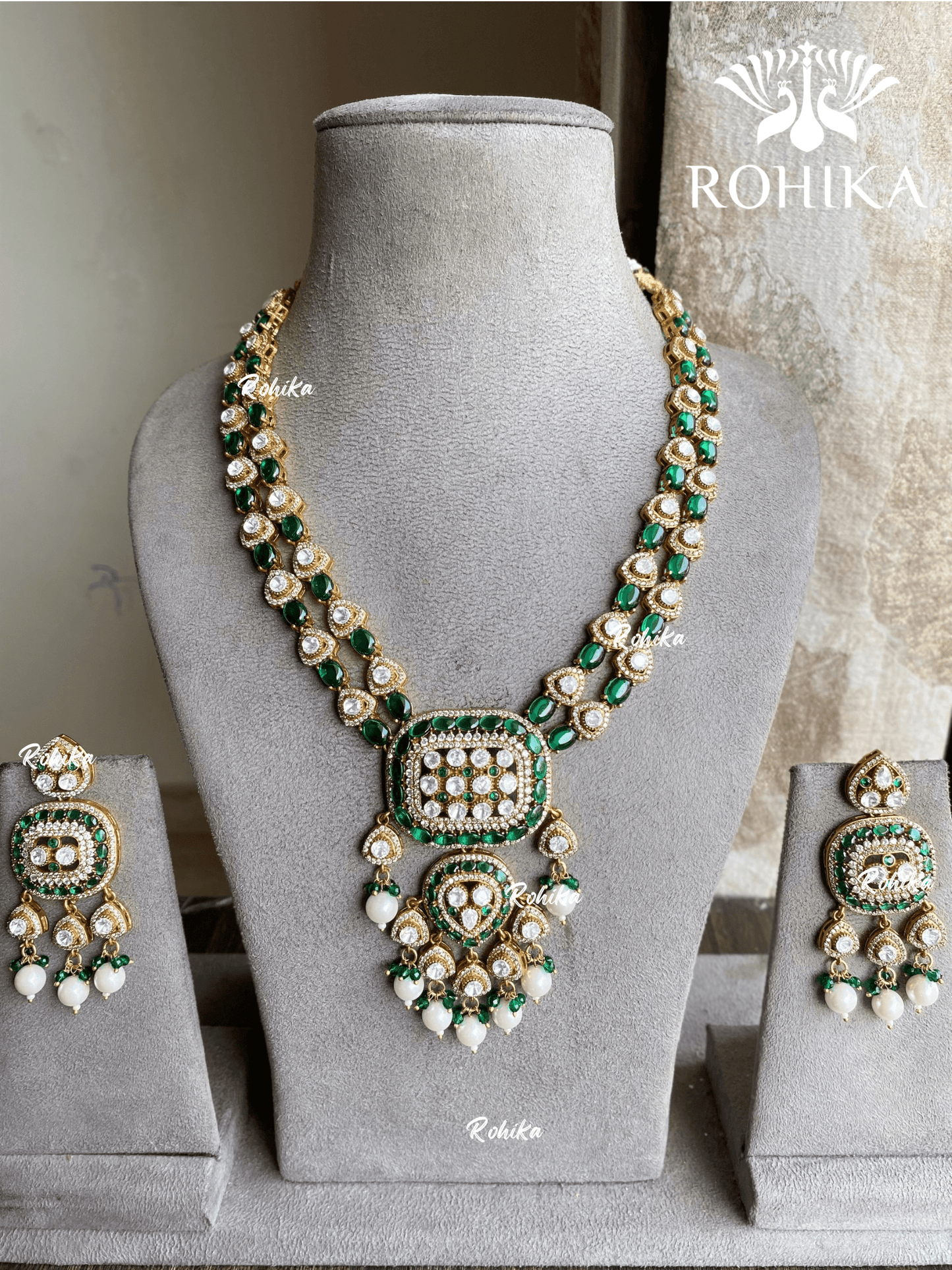 Pinaki polki kundan necklace set - Dark green - Rohika Store