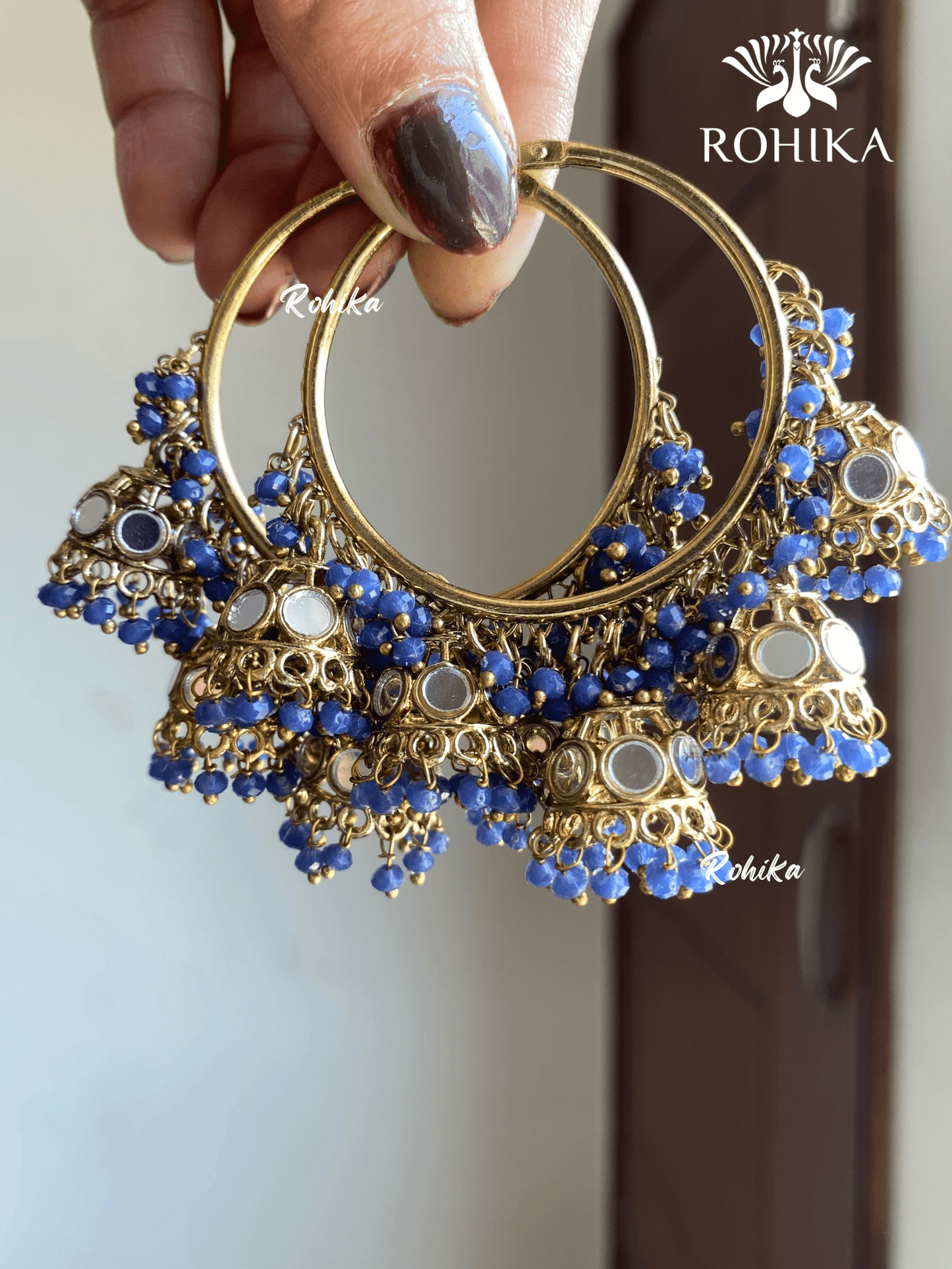 Leena mirror jhumki bali earrings - Dark blue - Rohika Store