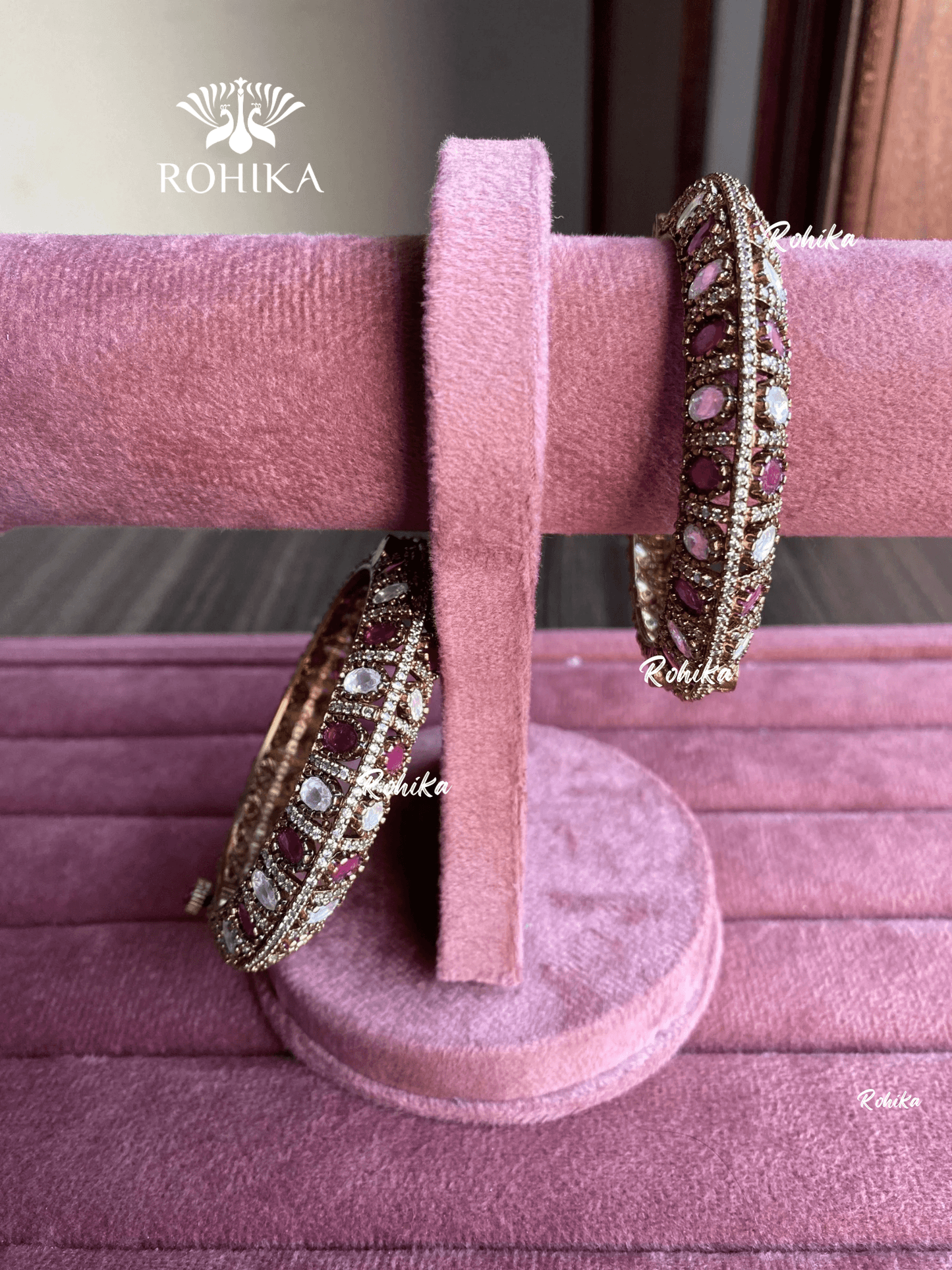 Pushp moisinite kundan kada/bangles - Pink - Rohika Store