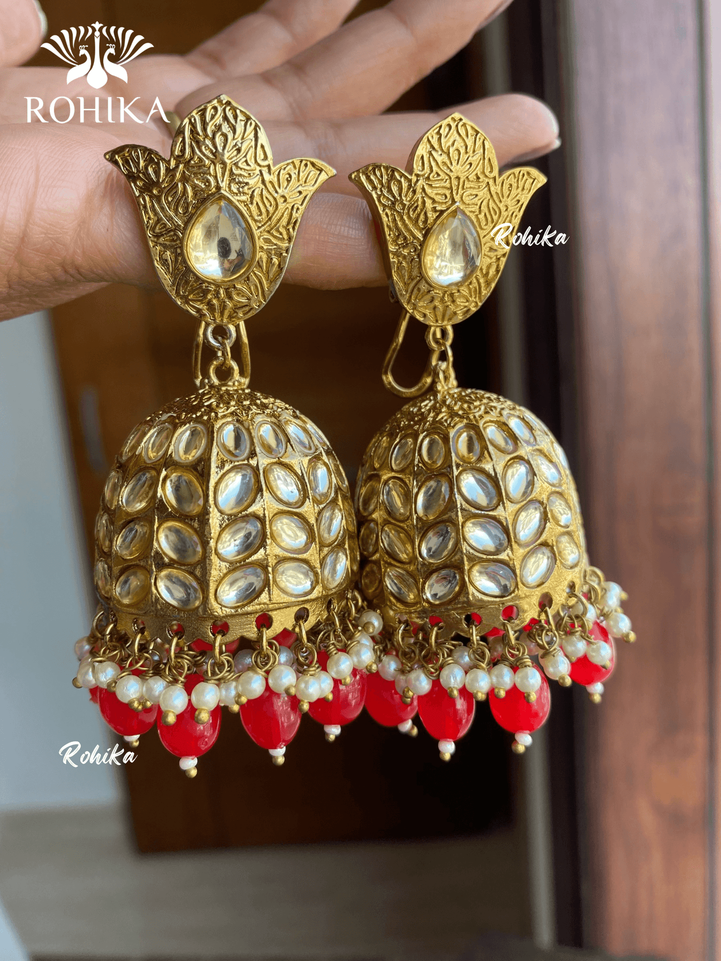 Siya kundan jhumkas- Red - Rohika Store