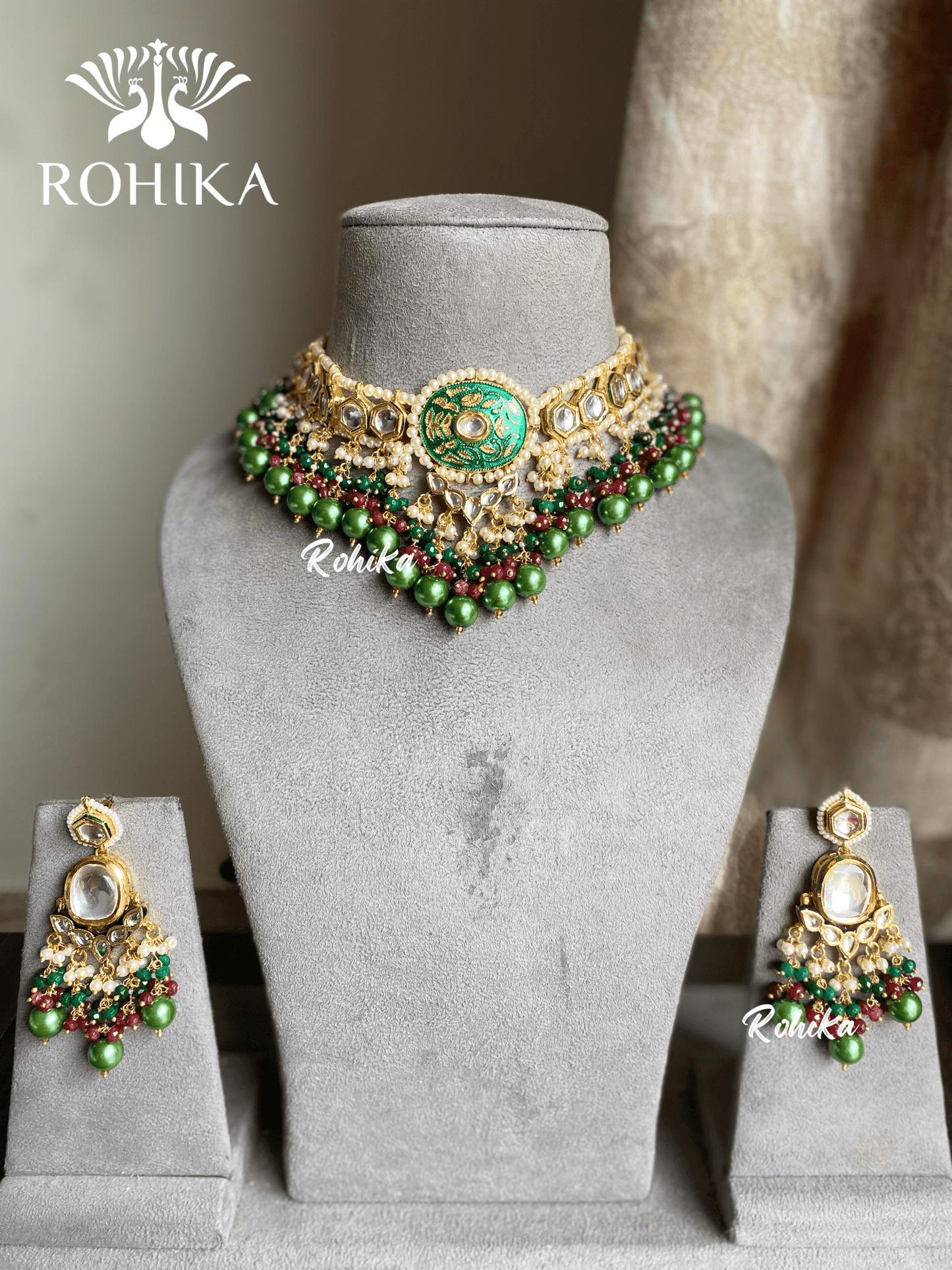 Nitara meenakari kundan necklace set - Dark Green - Rohika Store