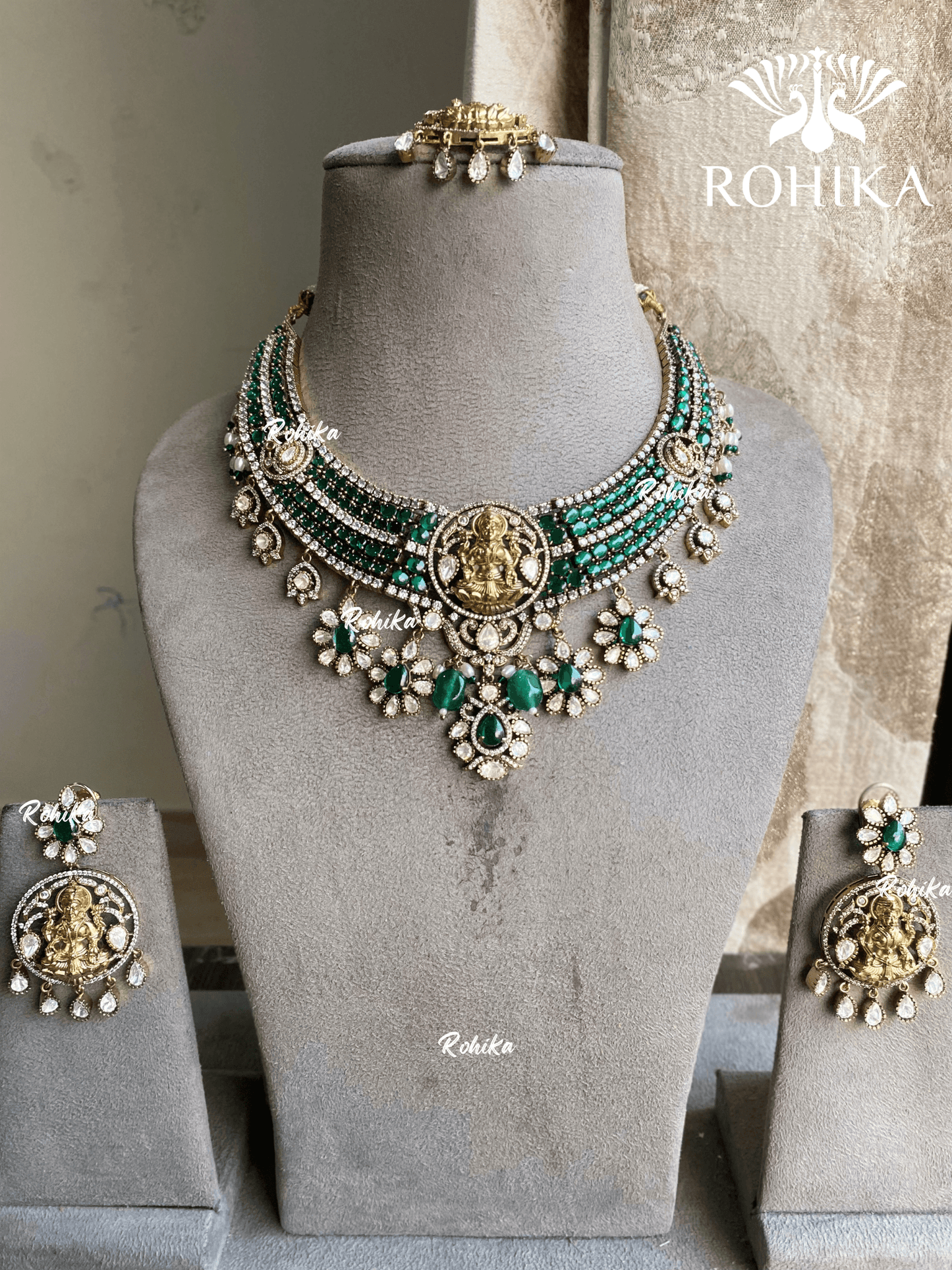 Laxmi moisanite polki necklace set - Dark Green - Rohika Store