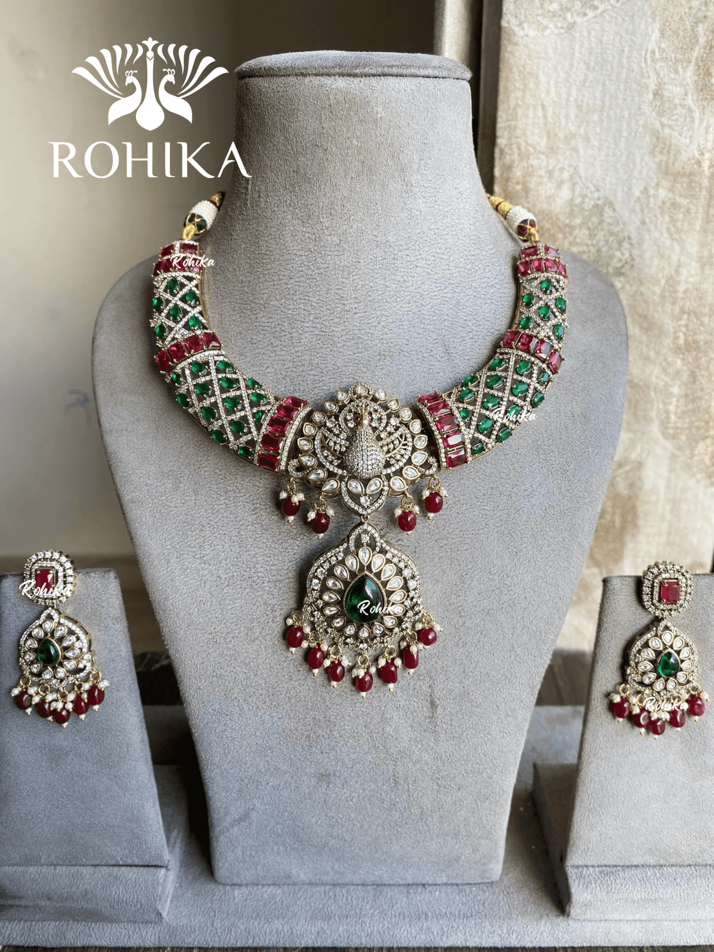 Pankhuri polki kundan necklace set - Green & red - Rohika Store