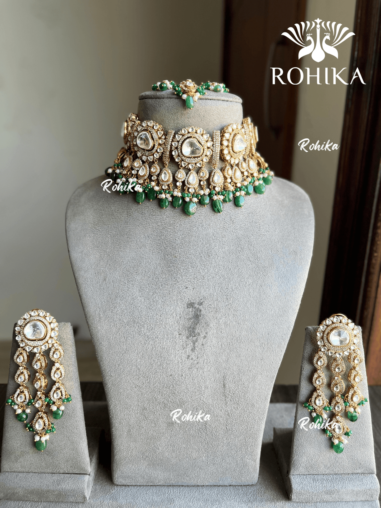 Aamna polki kundan choker set - Green - Rohika Store