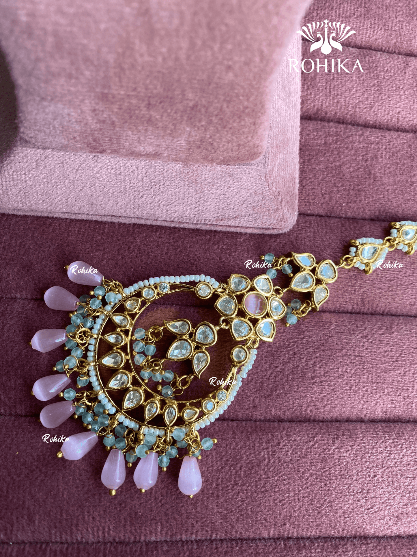 Polki kundan maangtikka (PLKM-040) - Mint green & pink - Rohika Store