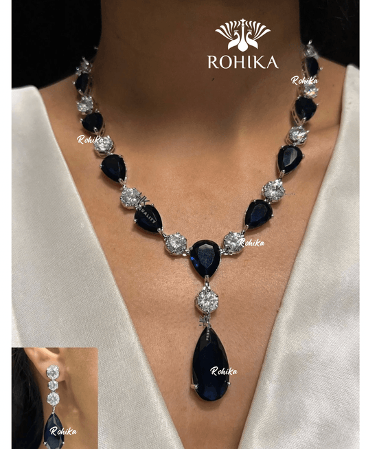 American diamond necklace set (ADN -005) - Dark blue - Rohika Store