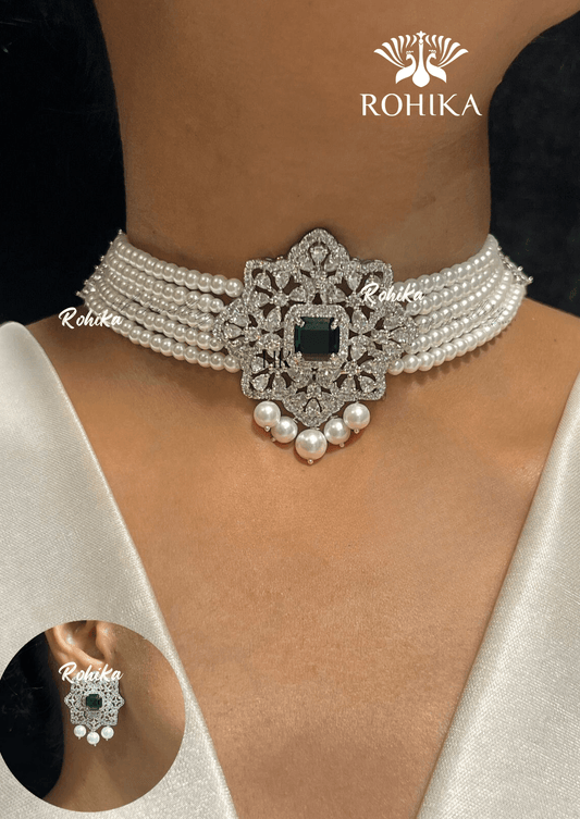 Lynda american diamond choker set - Dark green - Rohika Store