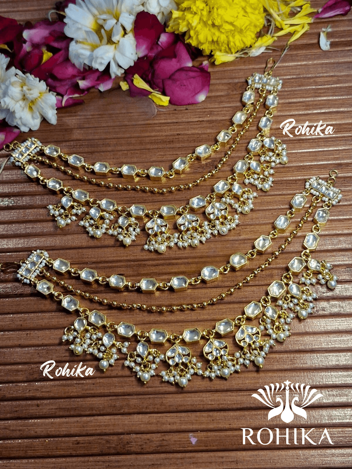 Pachhi kundan earchains -White - Rohika Store
