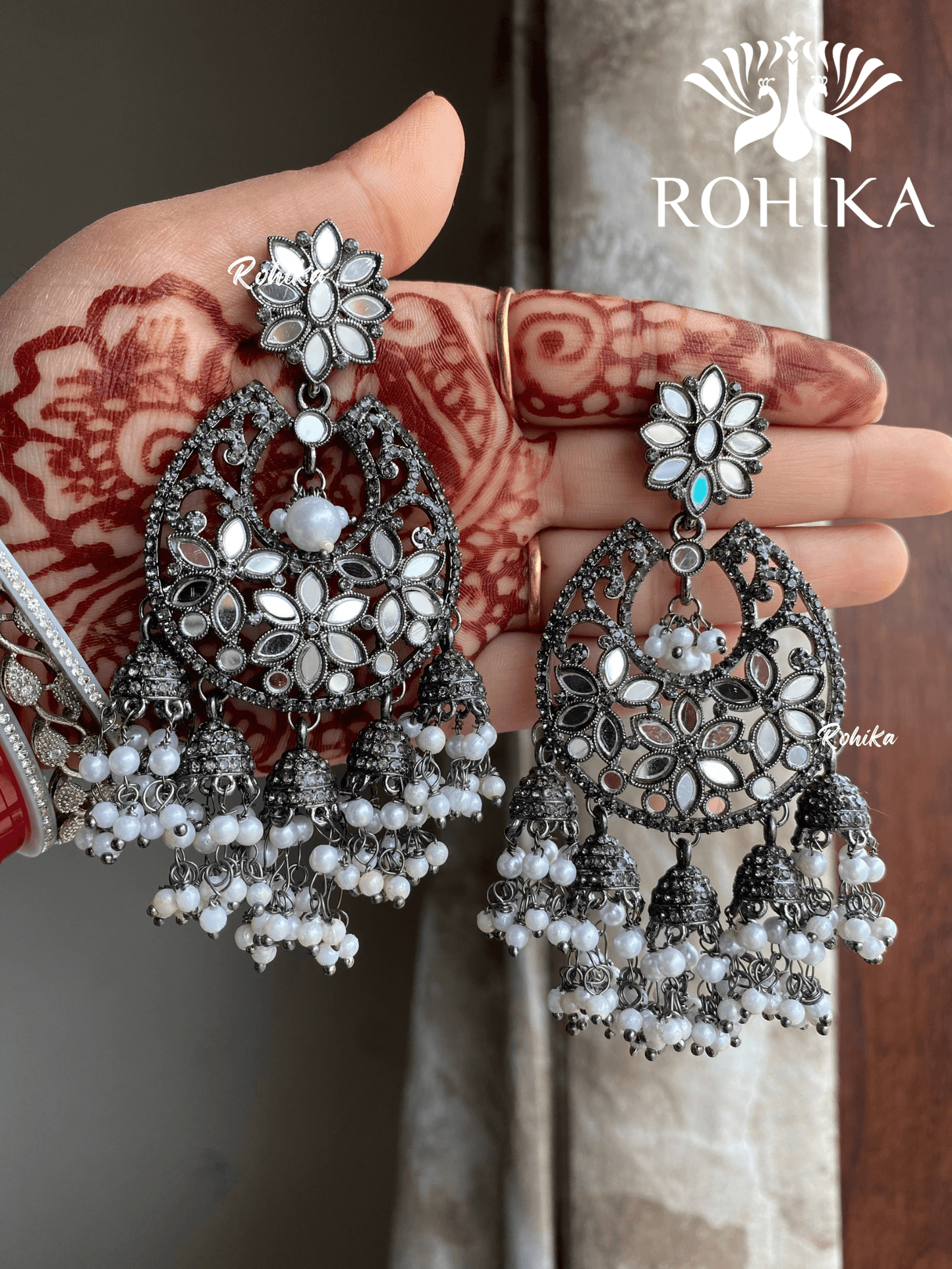 Shyamli oxidized jhumka earrings (010) - White - Rohika Store