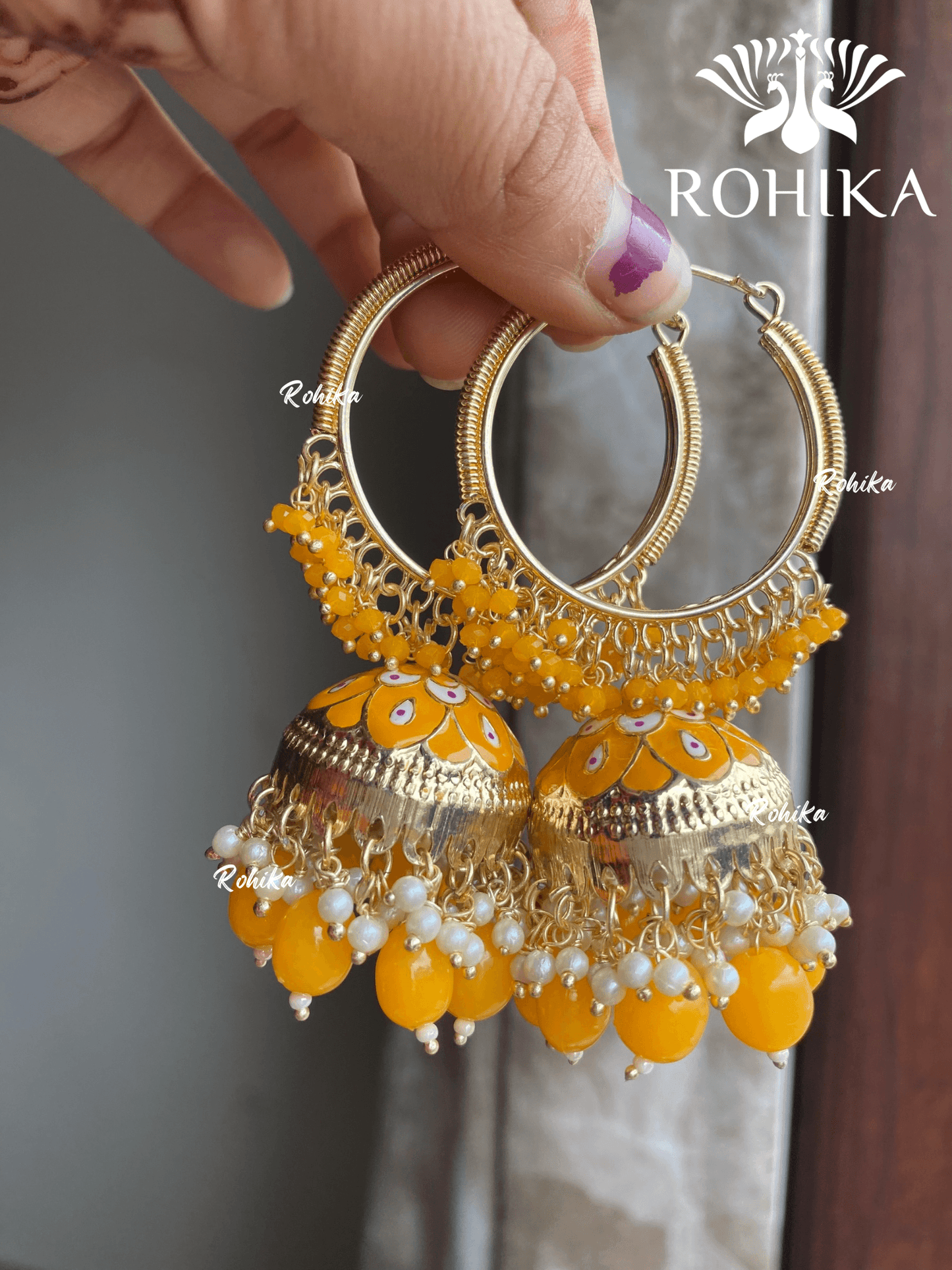 Neera jhumka bali earrings - yellow - Rohika Store