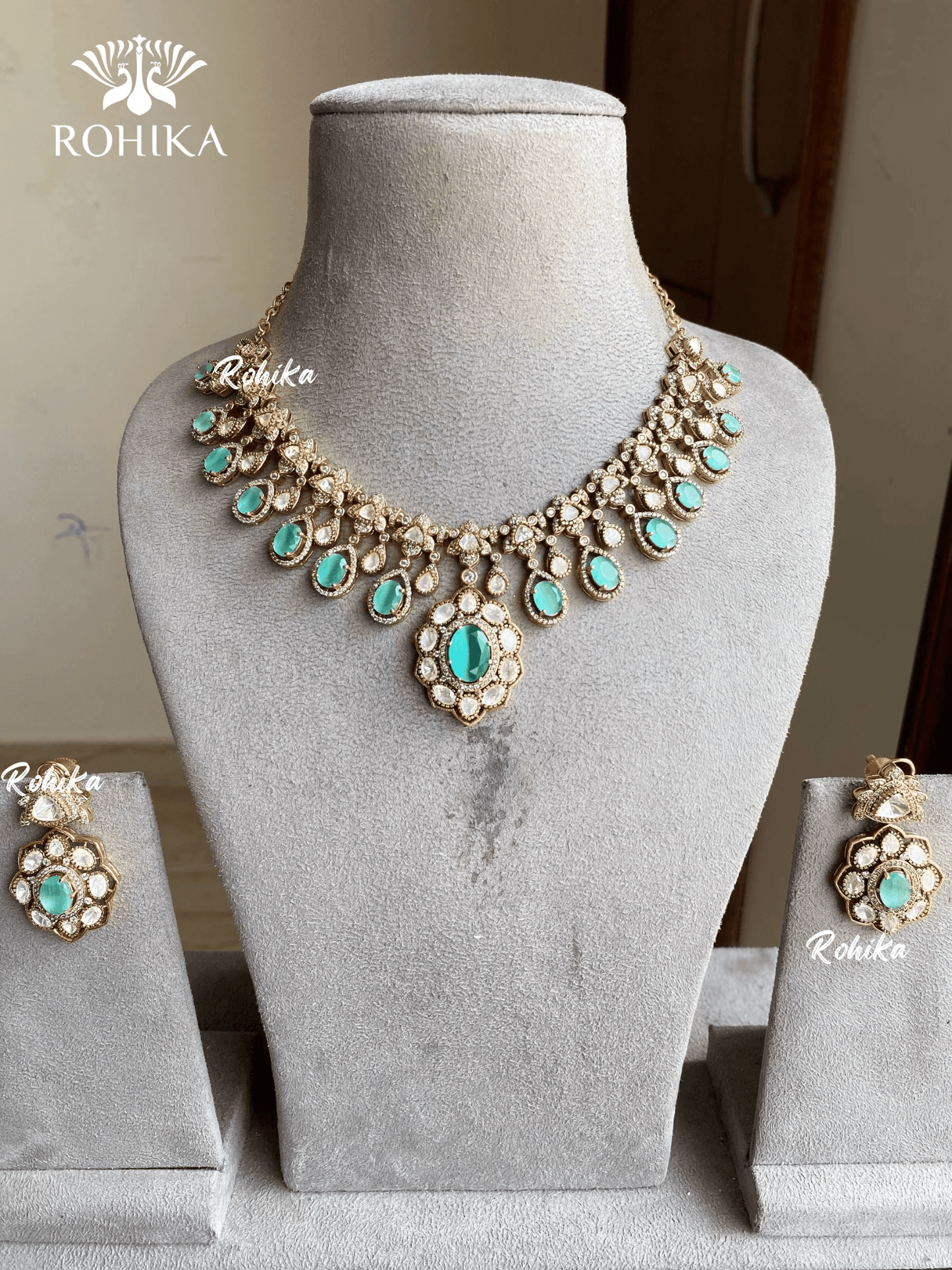 Mallika polki kundan necklace set - Mint Green - Rohika Store