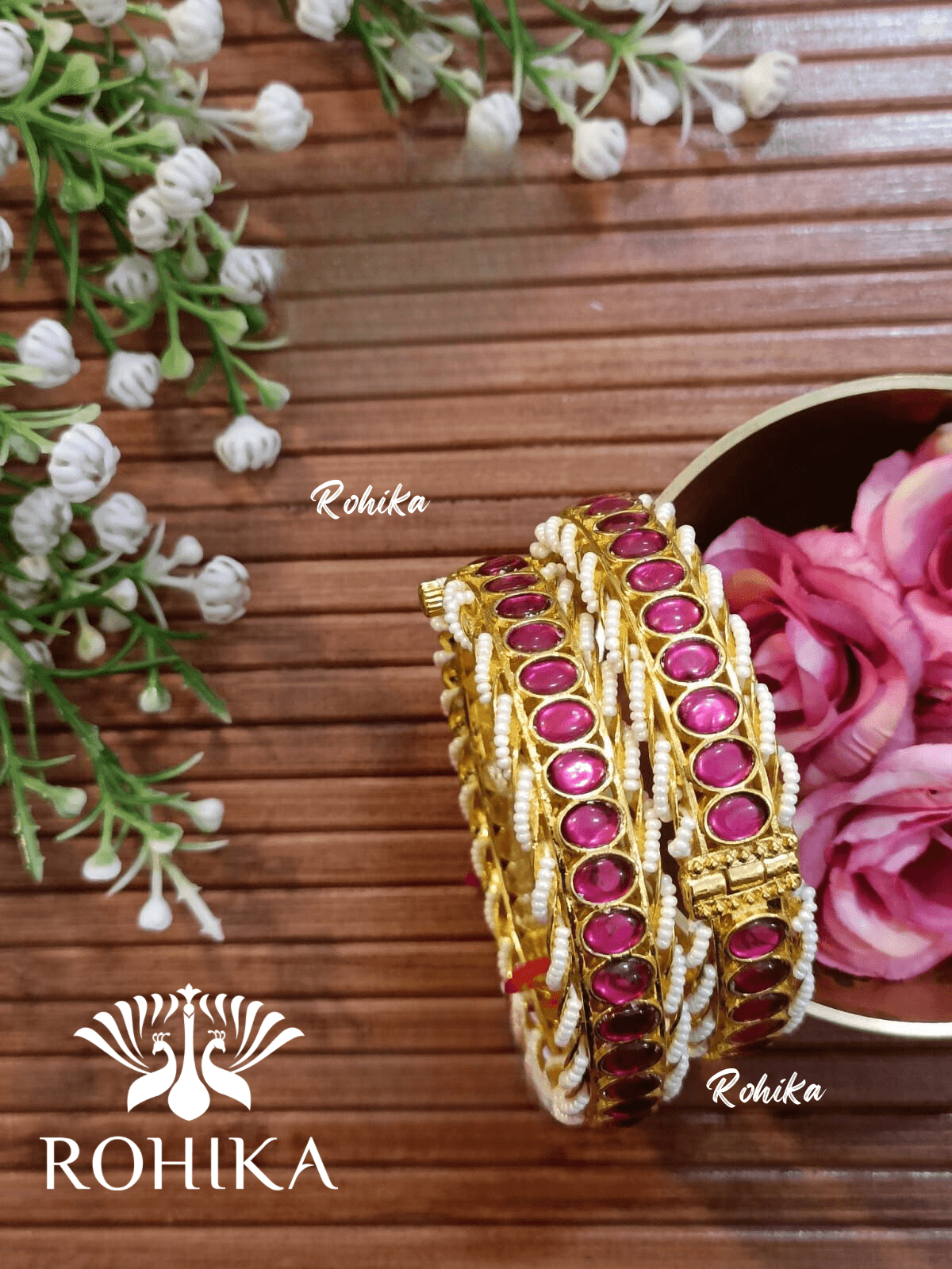 Pachhi kundan bangles - Pink (pkb008-P) - Rohika Store