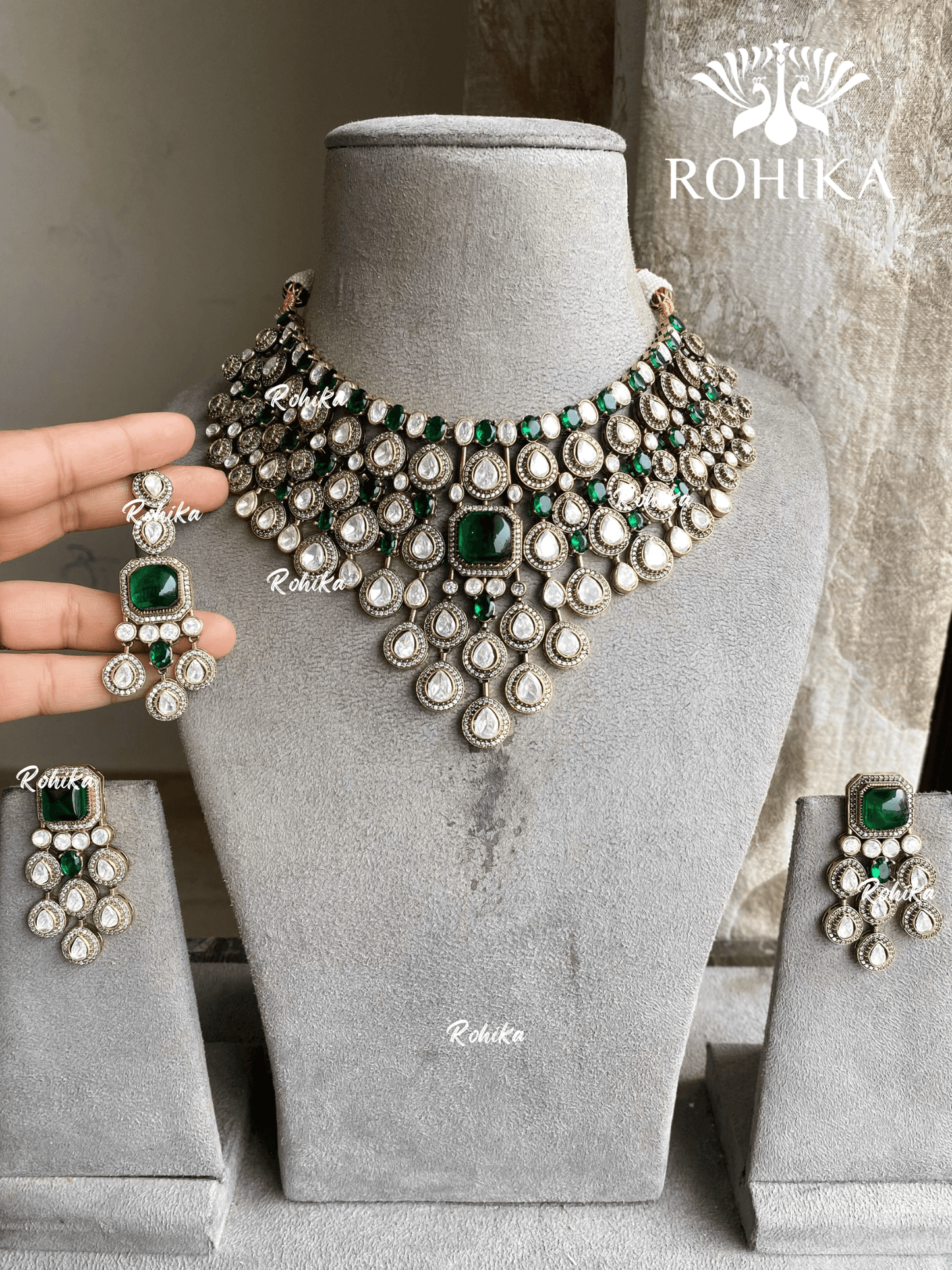 Swarna polki kundan necklace set - Dark Green - Rohika Store