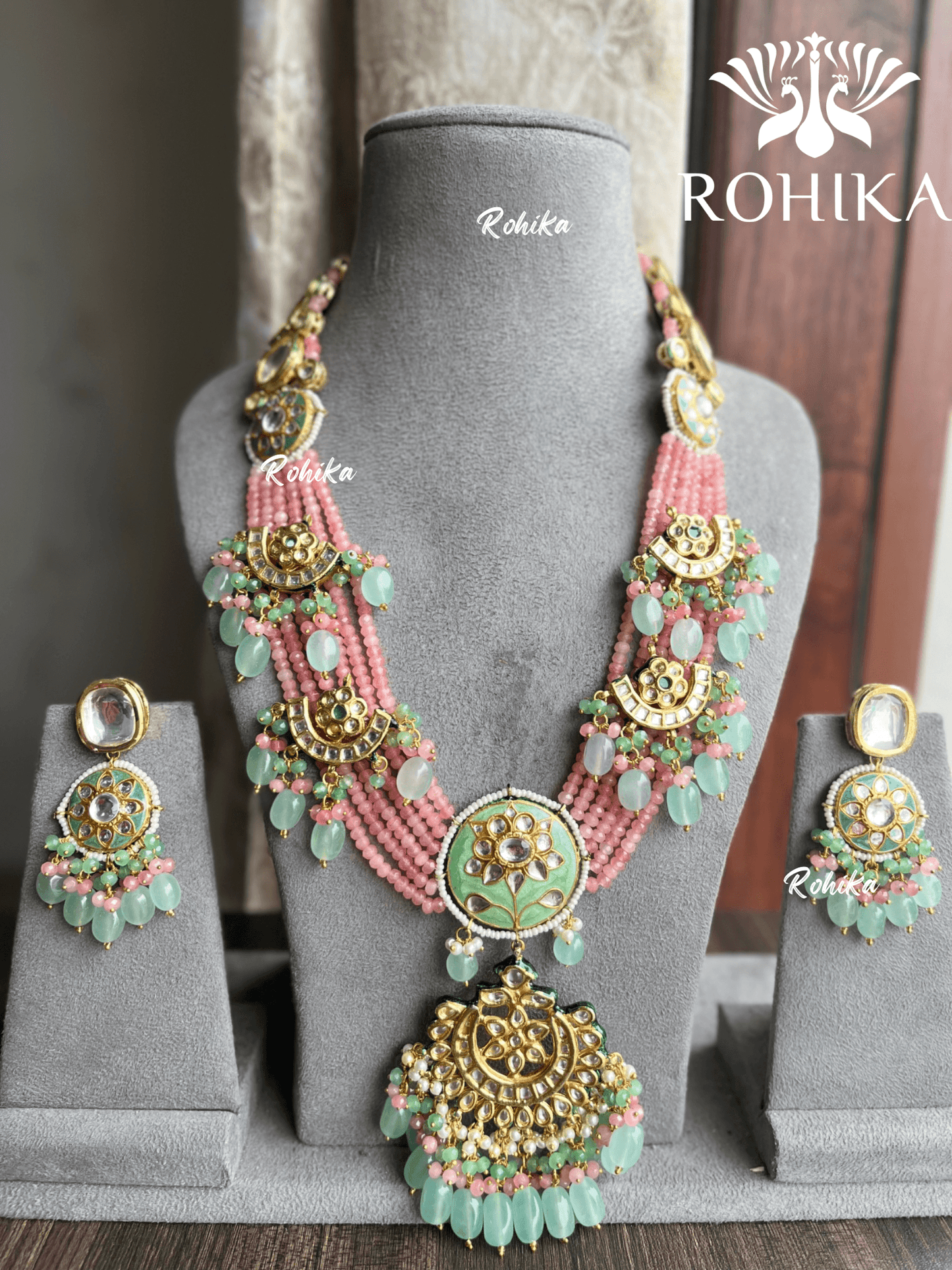 Meenakshi meenakari necklace set-Mint green and pink - Rohika Store