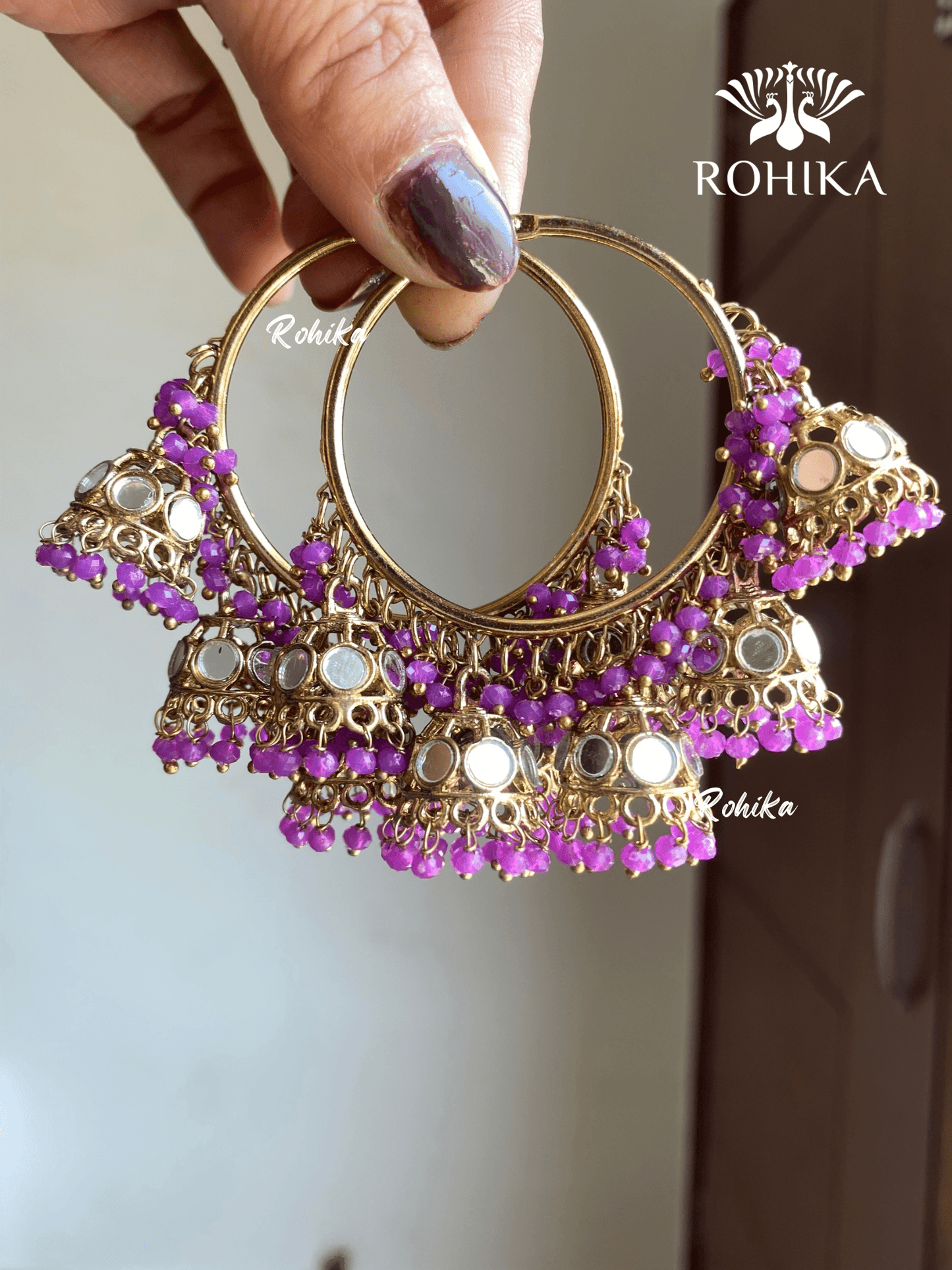 Leena mirror jhumki bali earrings - Purple - Rohika Store