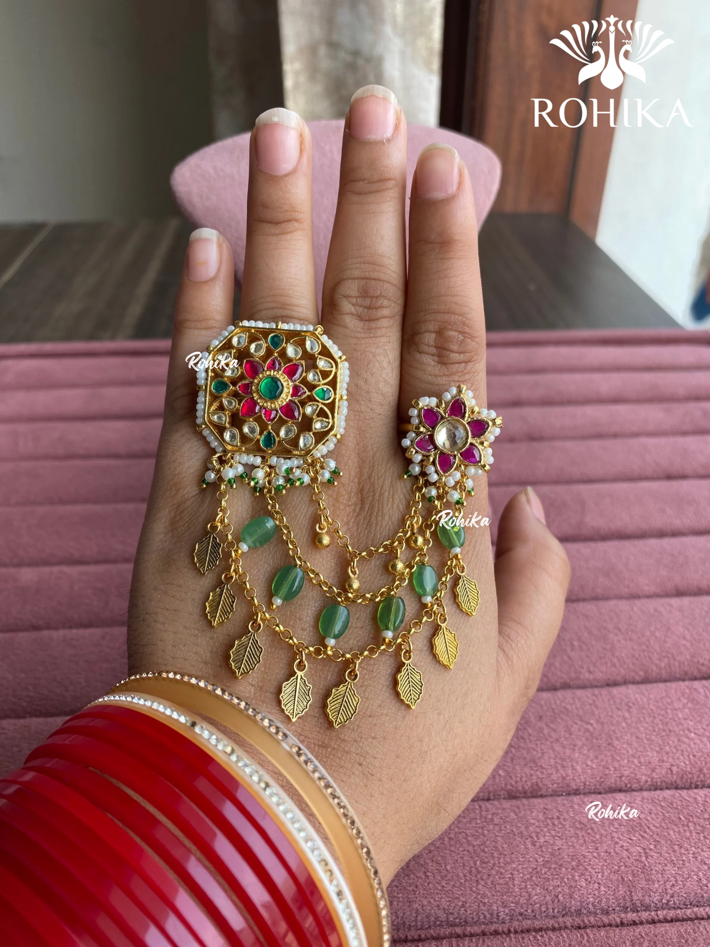 Padmini pachhi kundan ring (SG-163) - Mint Green & Red - Rohika store