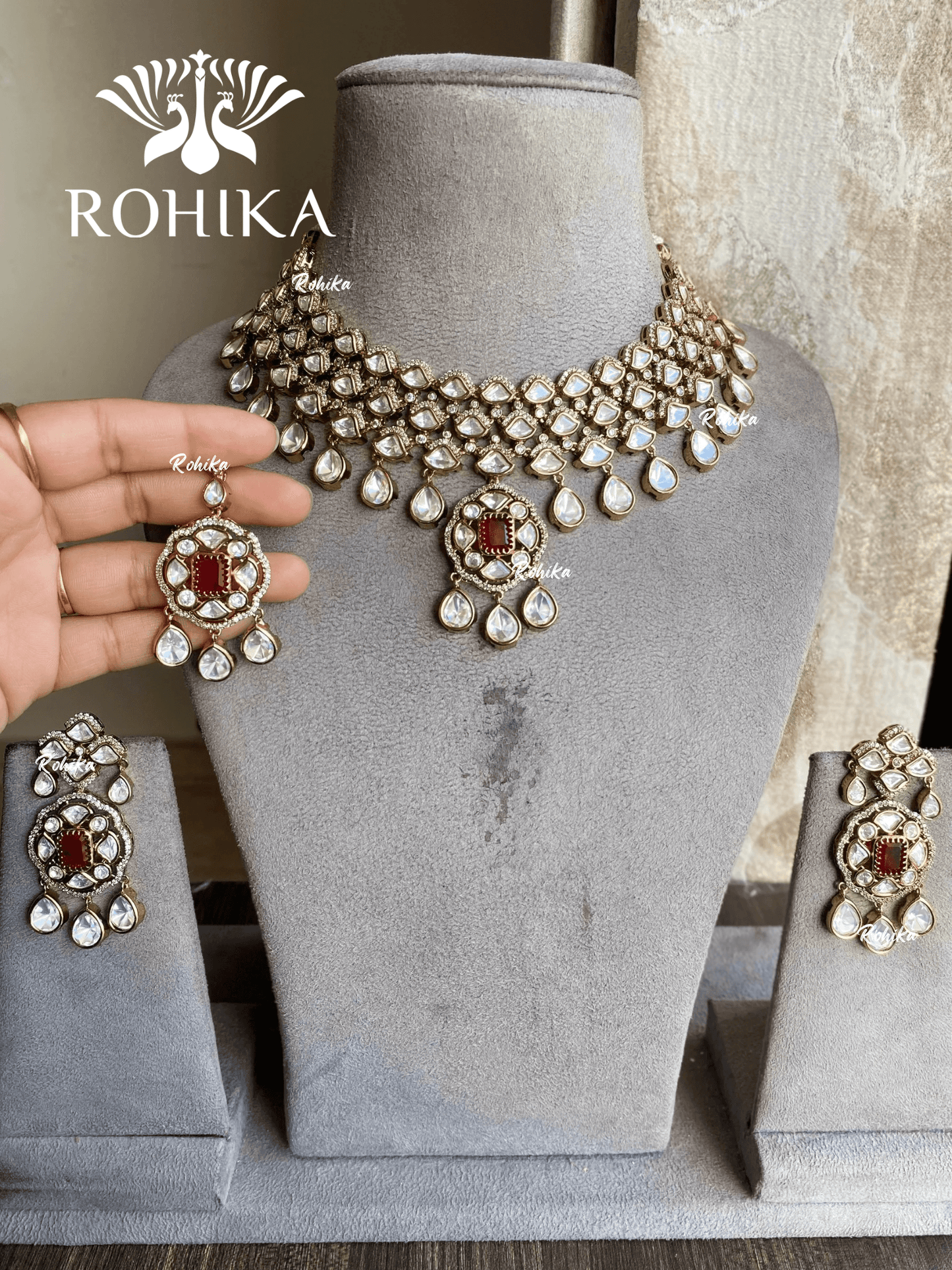 Bindiya moisanite necklace set - Red - Rohika Store