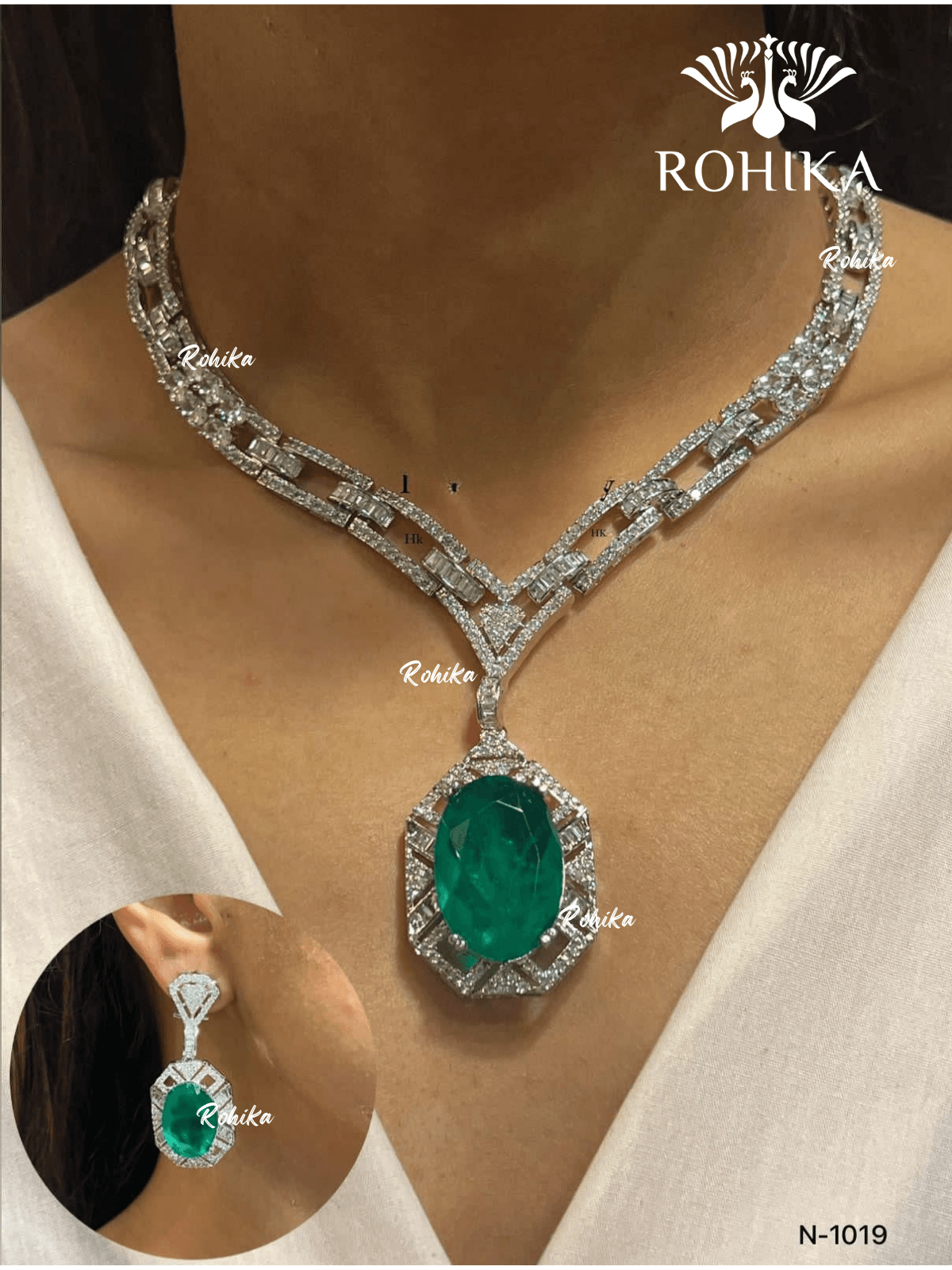 American diamond necklace set (ADN -009) - Green - Rohika Store