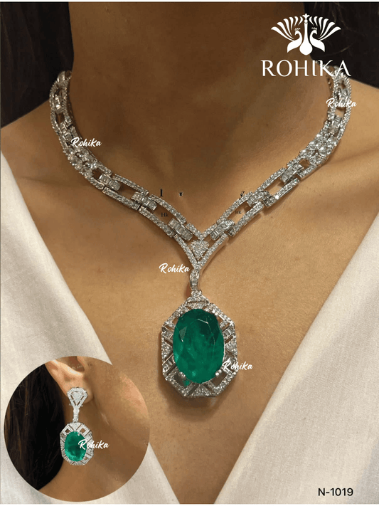 American diamond necklace set (ADN -009) - Green - Rohika Store