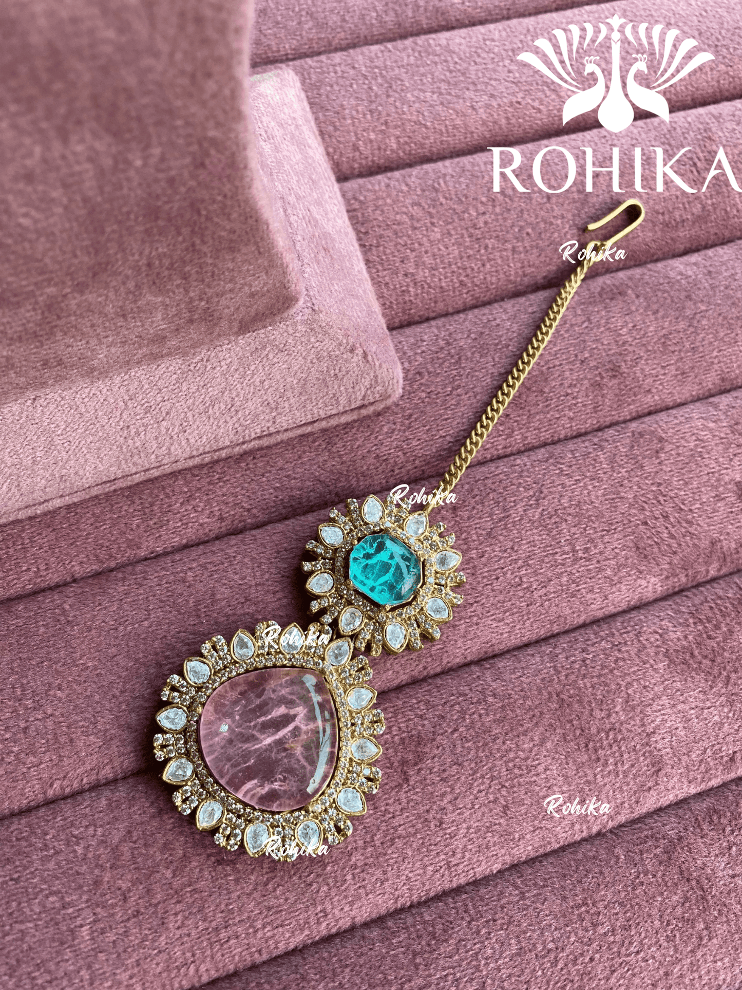 Siya doublet stone maangtikka - Mint Green & pink - Rohika Store