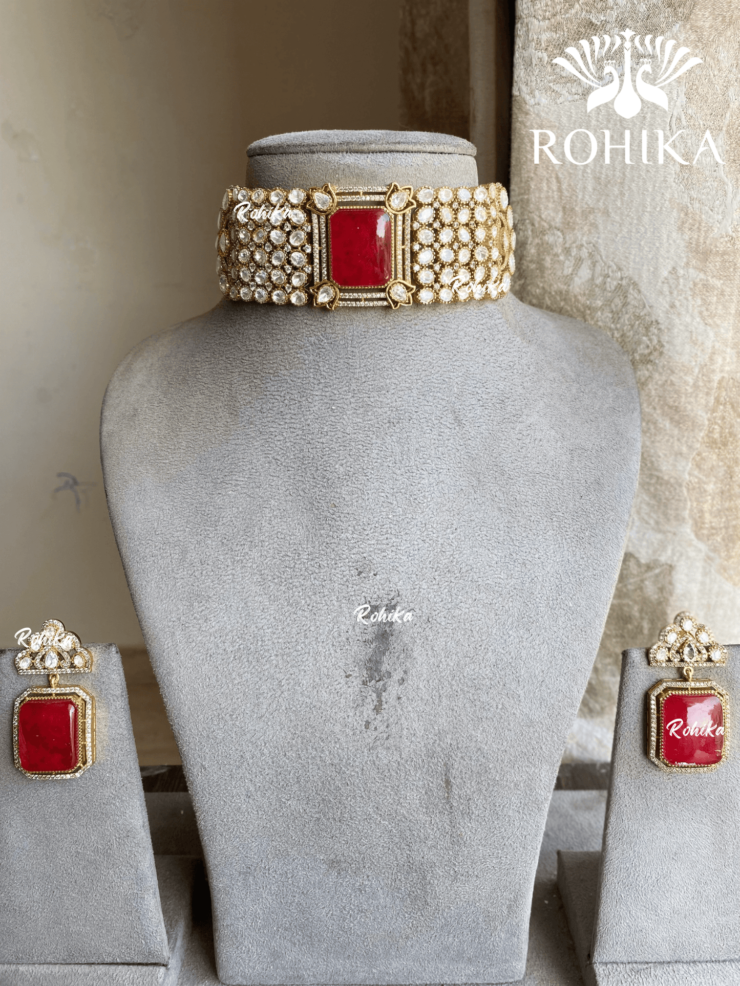 Udaya Polki Kundan Choker Set - Red - Rohika Store