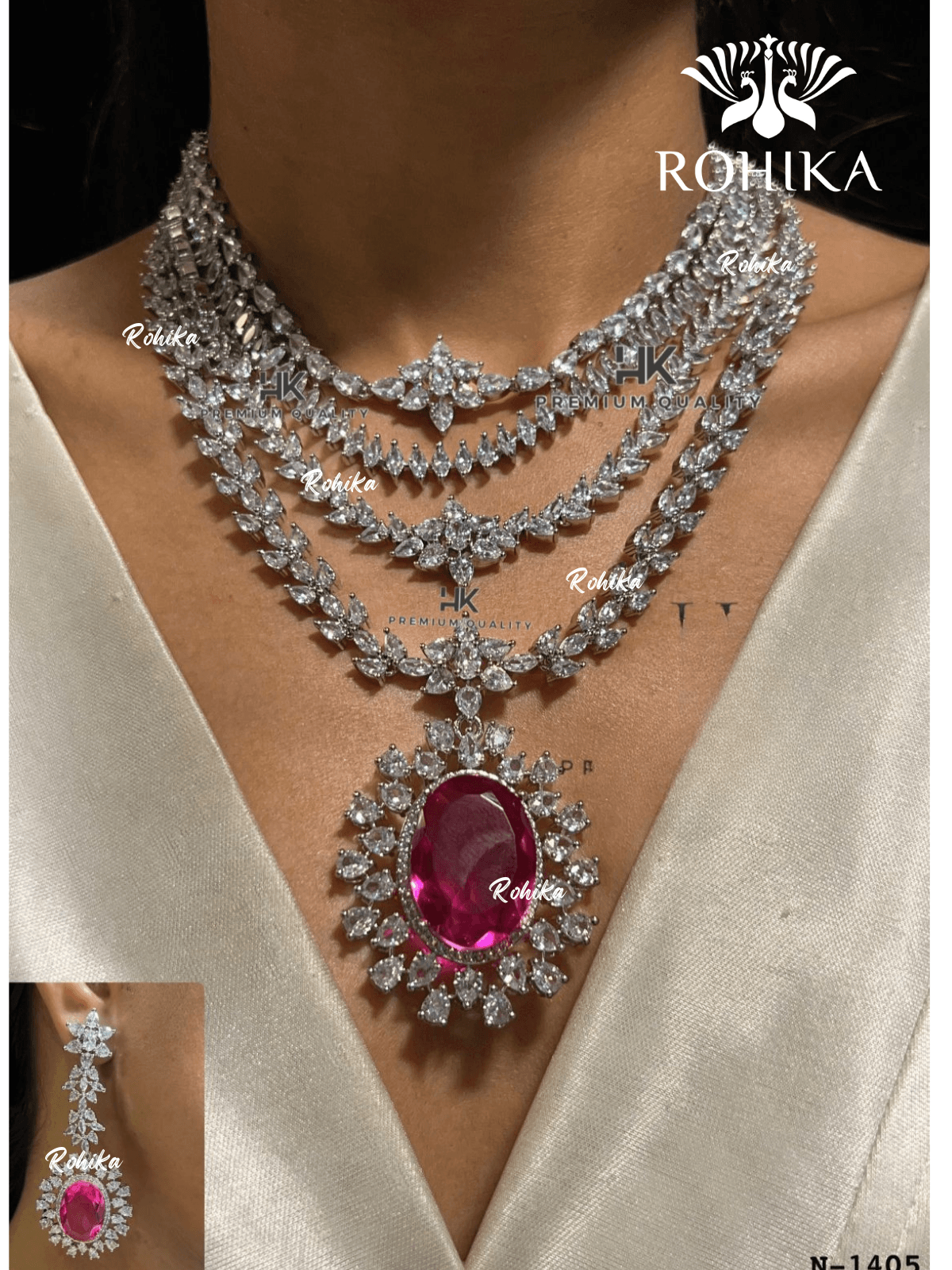 American diamond necklace set (ADN -010) - Pink - Rohika Store